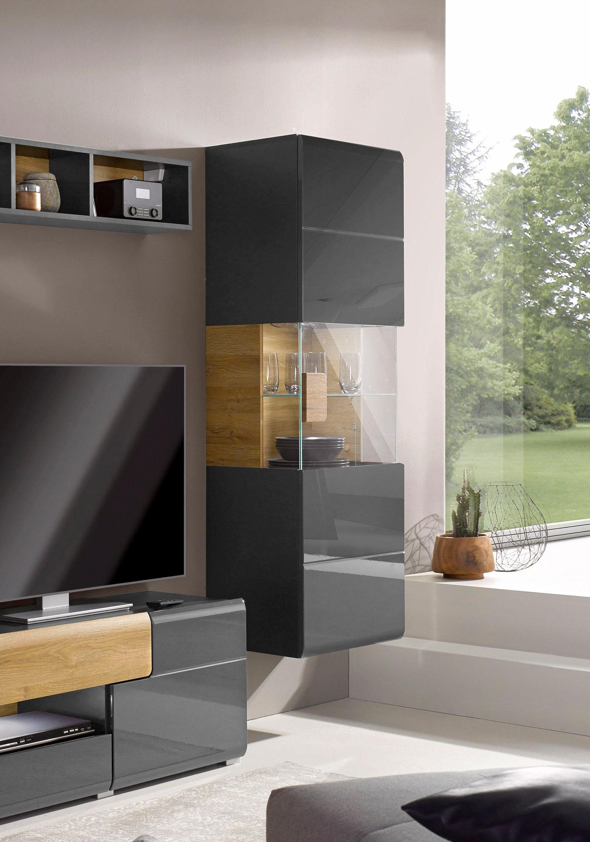 INOSIGN Hangende vitrinekast Toledo, hoogte 159 cm trendy glazen vitrine met decoratieve MDF-front Vitrine met glazen front, zonder verlichting, veel opbergruimte, hoogglans