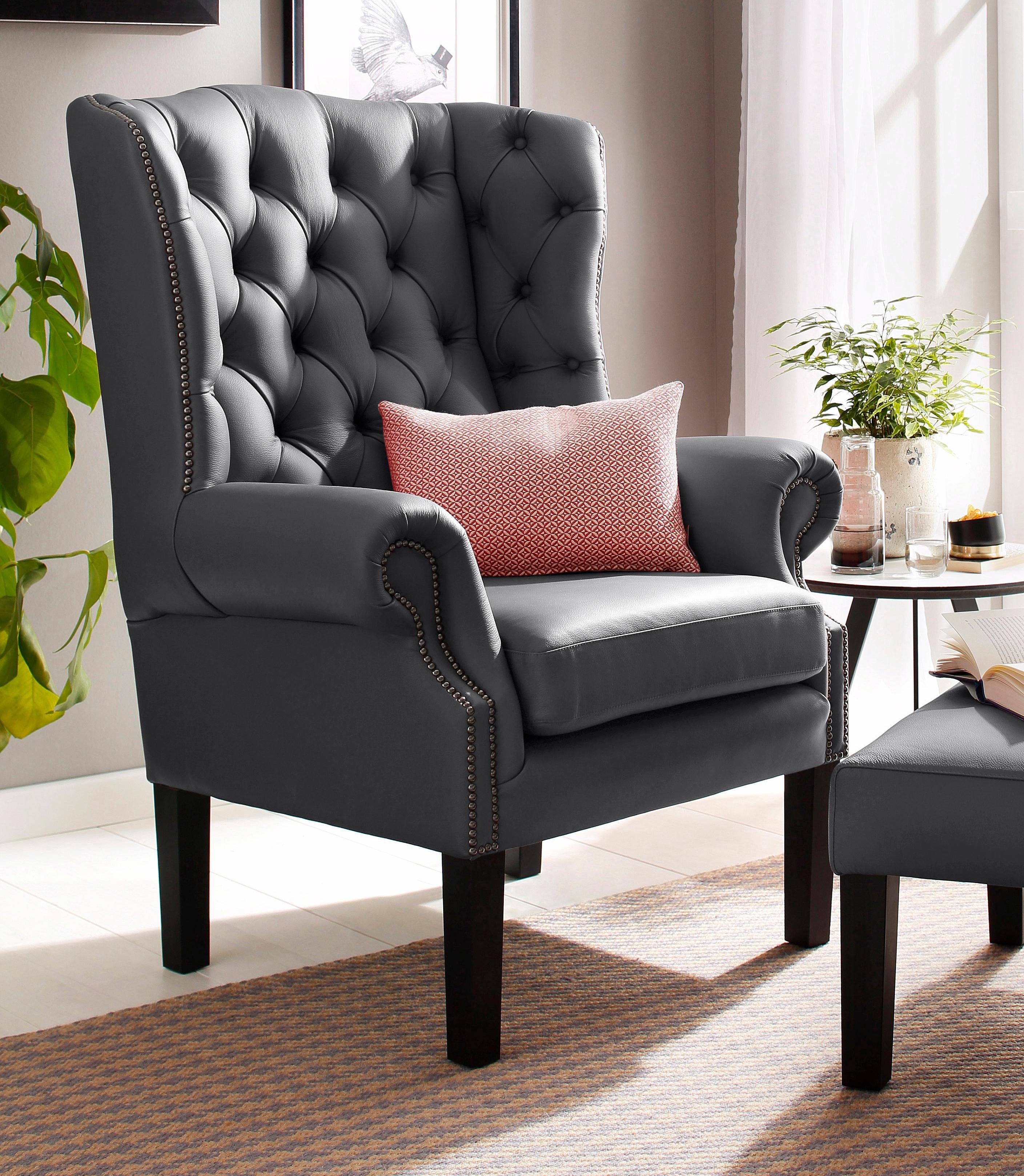 Home affaire Fauteuil Bedford oorschelp fauteuil Chesterfield met luxueuze capitonnage en gebogen armleuningen fauteuils zwart