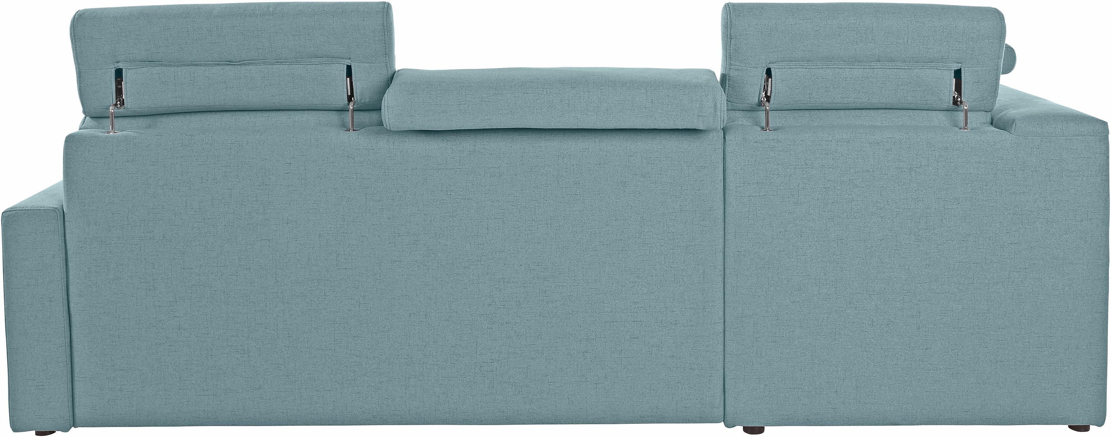 DOMO collection Hoekbank Ava, moderne zitstiksels met mooie dubbele naad, comfortabel, L-vorm met ottomane, inclusief veren, optioneel met hoofdeinde verstellingen