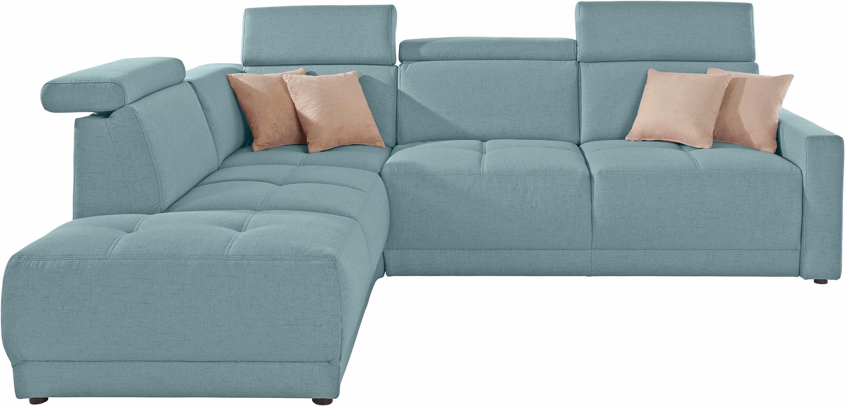 DOMO collection Hoekbank Ava, moderne zitstiksels met mooie dubbele naad, comfortabel, L-vorm met ottomane, inclusief veren, optioneel met hoofdeinde verstellingen