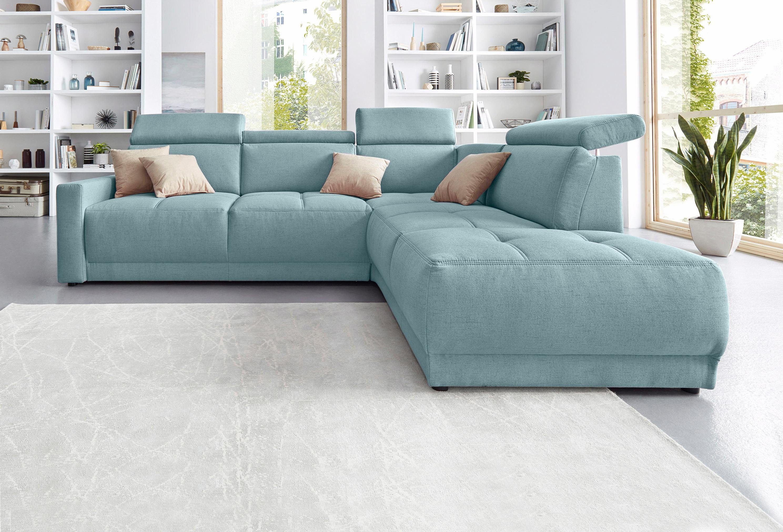 DOMO collection Hoekbank Ava, moderne zitstiksels met mooie dubbele naad, comfortabel, L-vorm met ottomane, inclusief veren, optioneel met hoofdeinde