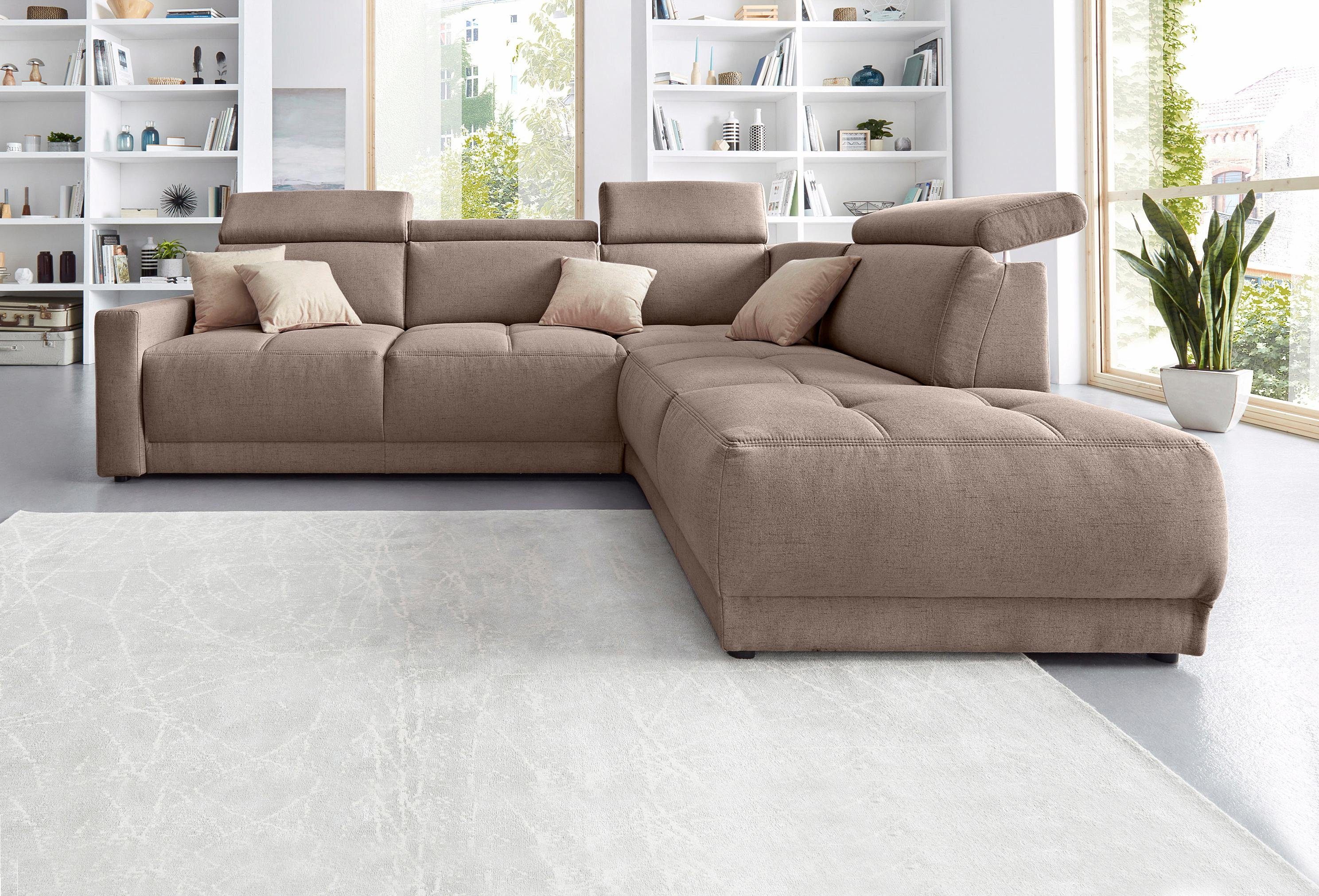 DOMO collection Hoekbank Ava, moderne zitstiksels met mooie dubbele naad, comfortabel, L-vorm met ottomane, inclusief veren, optioneel met hoofdeinde