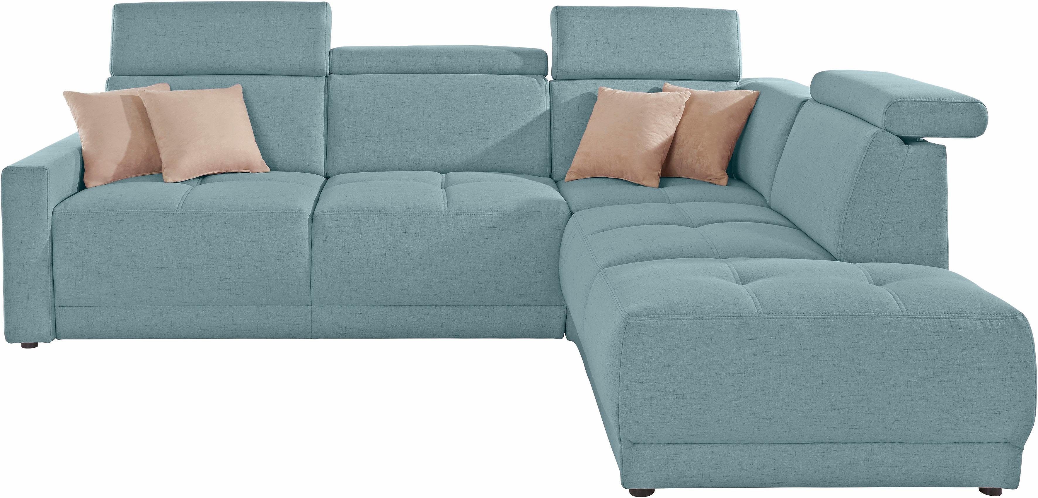DOMO collection Hoekbank Ava, moderne zitstiksels met mooie dubbele naad, comfortabel, L-vorm met ottomane, inclusief veren, optioneel met hoofdeinde verstellingen