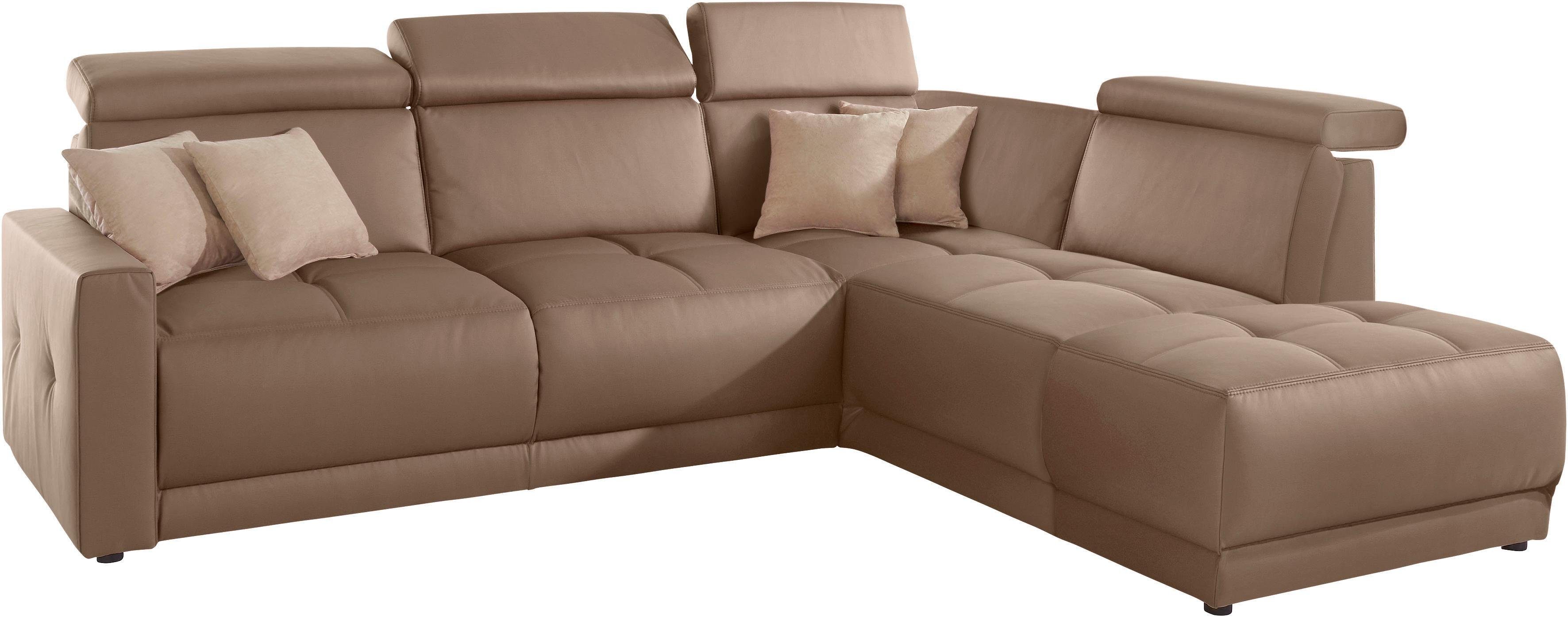 DOMO collection Hoekbank Ava, moderne zitstiksels met mooie dubbele naad, comfortabel, L-vorm met ottomane, inclusief veren, optioneel met hoofdeinde verstellingen
