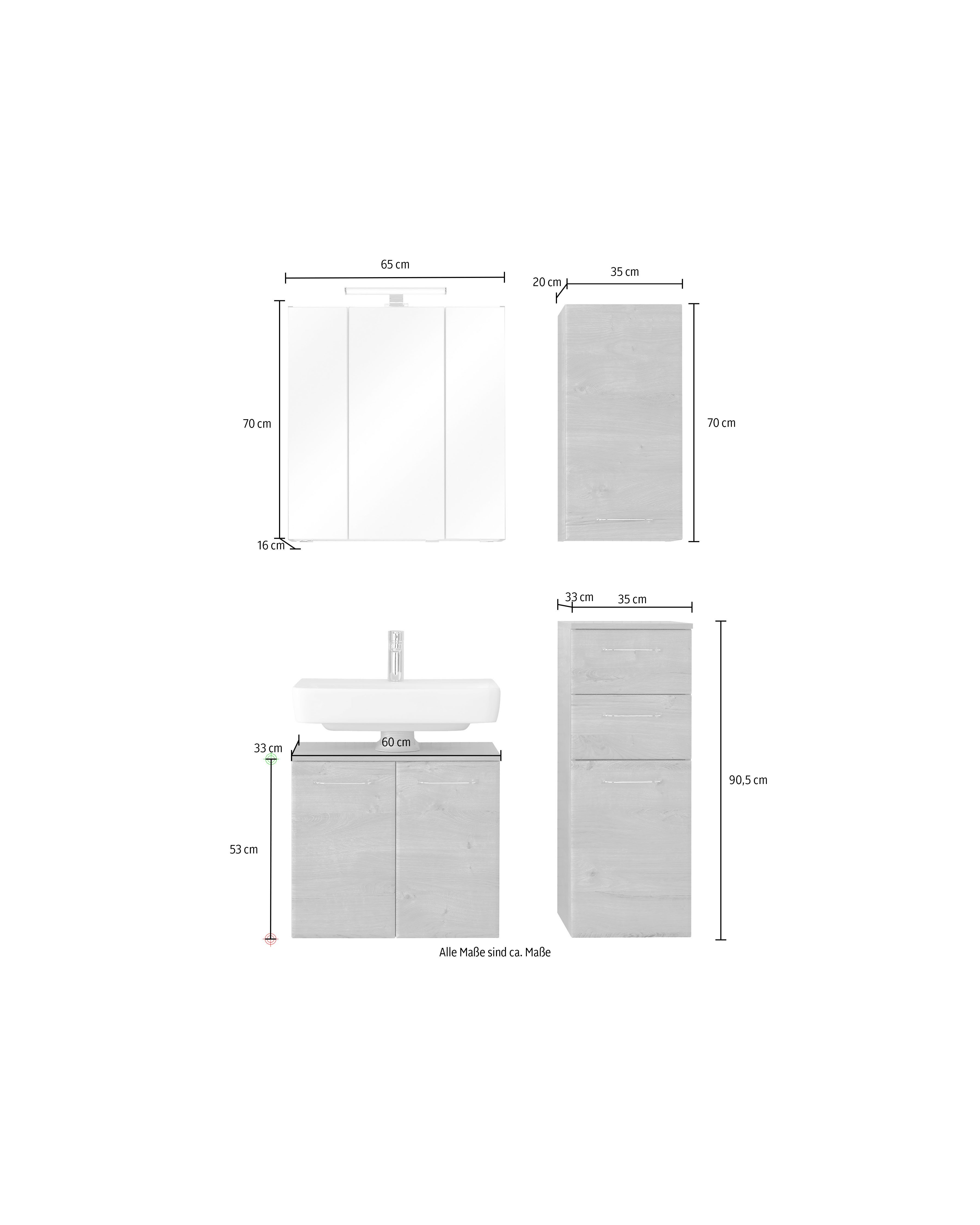 Saphir Badmeubelset Quickset 943 4-delig, glazen wastafel en LED-spiegelkast Badmeubels zonder wastafel, incl. deurdemper, 7 deuren, 2 lades (set, 4 stuks)