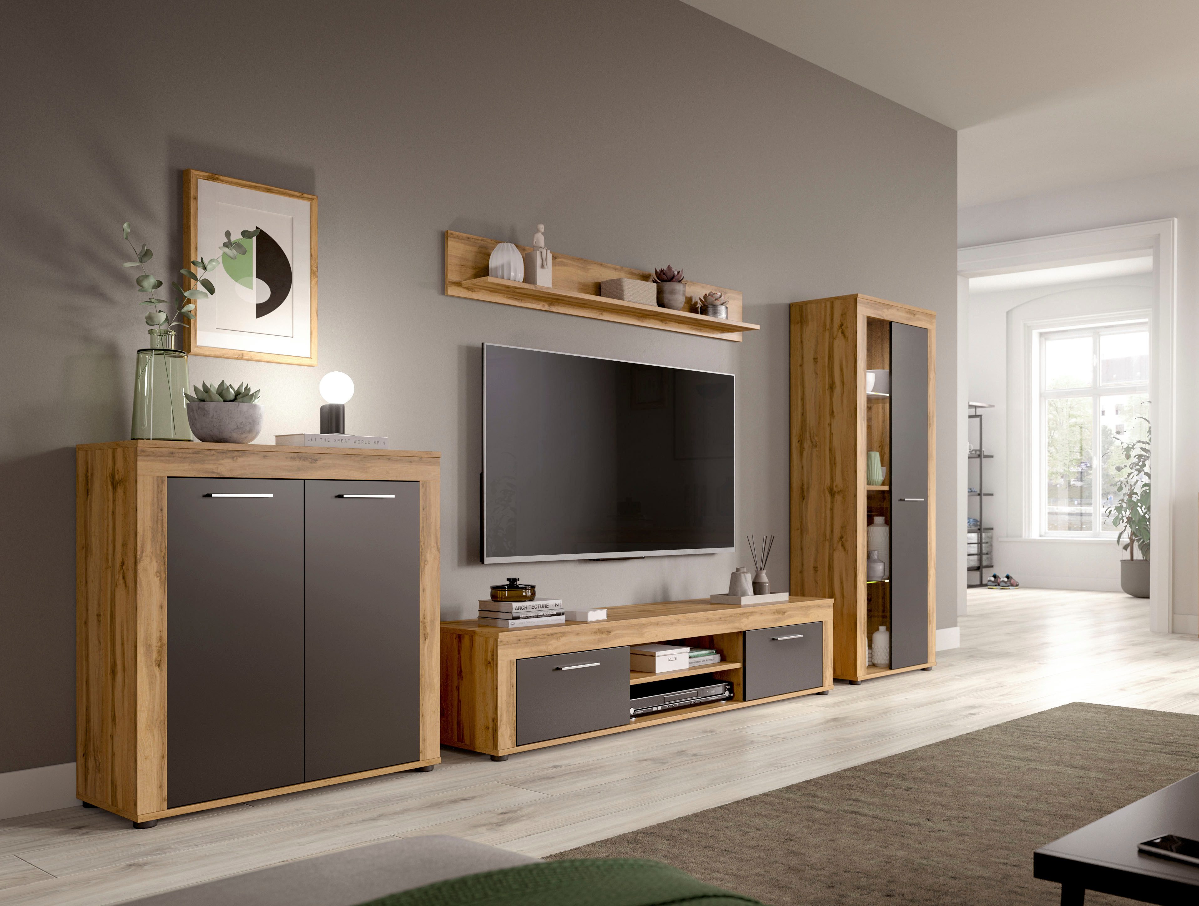 INOSIGN Wandmeubel Aosta, Breedte 330cm, bestaand uit Highboard, Lowboard, Wandplank, Vitrine (4 stuks)
