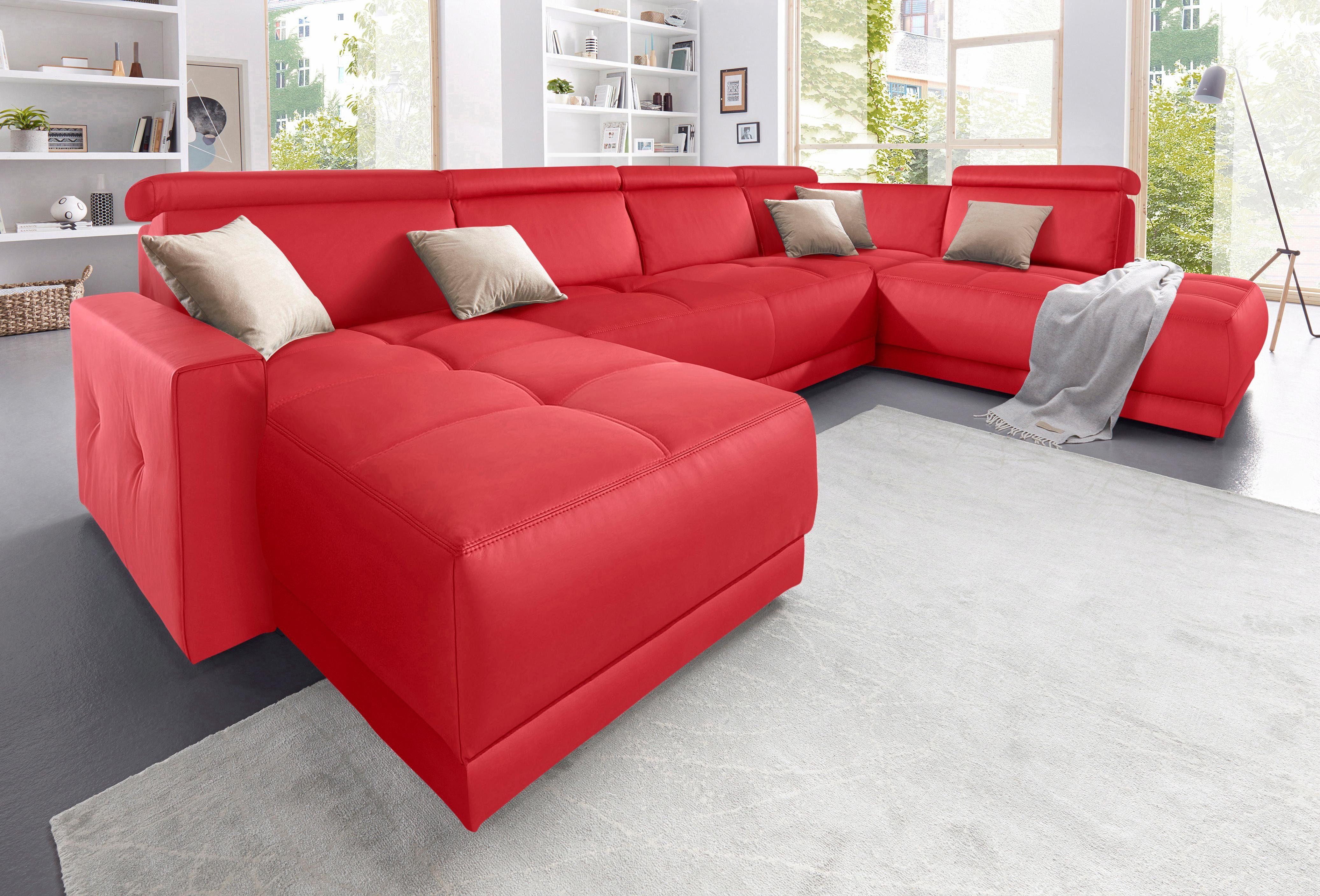 DOMO collection Zithoek Ava moderne zitstiksels met mooie dubbele naad, comfortabel, U-vorm rood, zithoeken, Ottomane rechts, Zonder