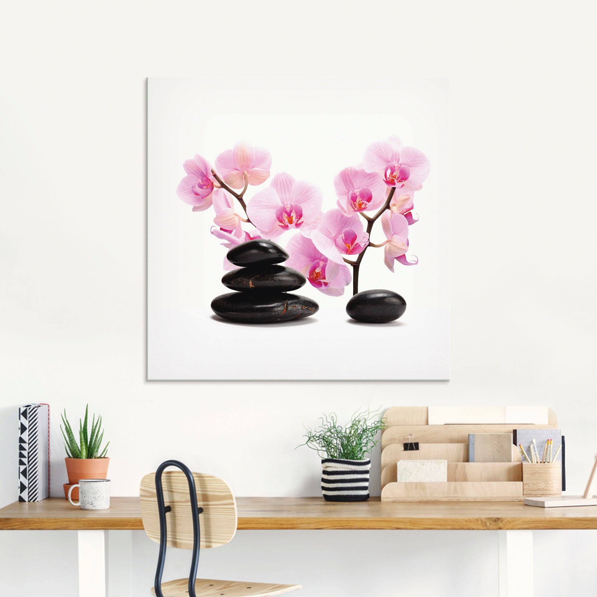 Artland Print op glas Zwarte stenen en roze orchidee