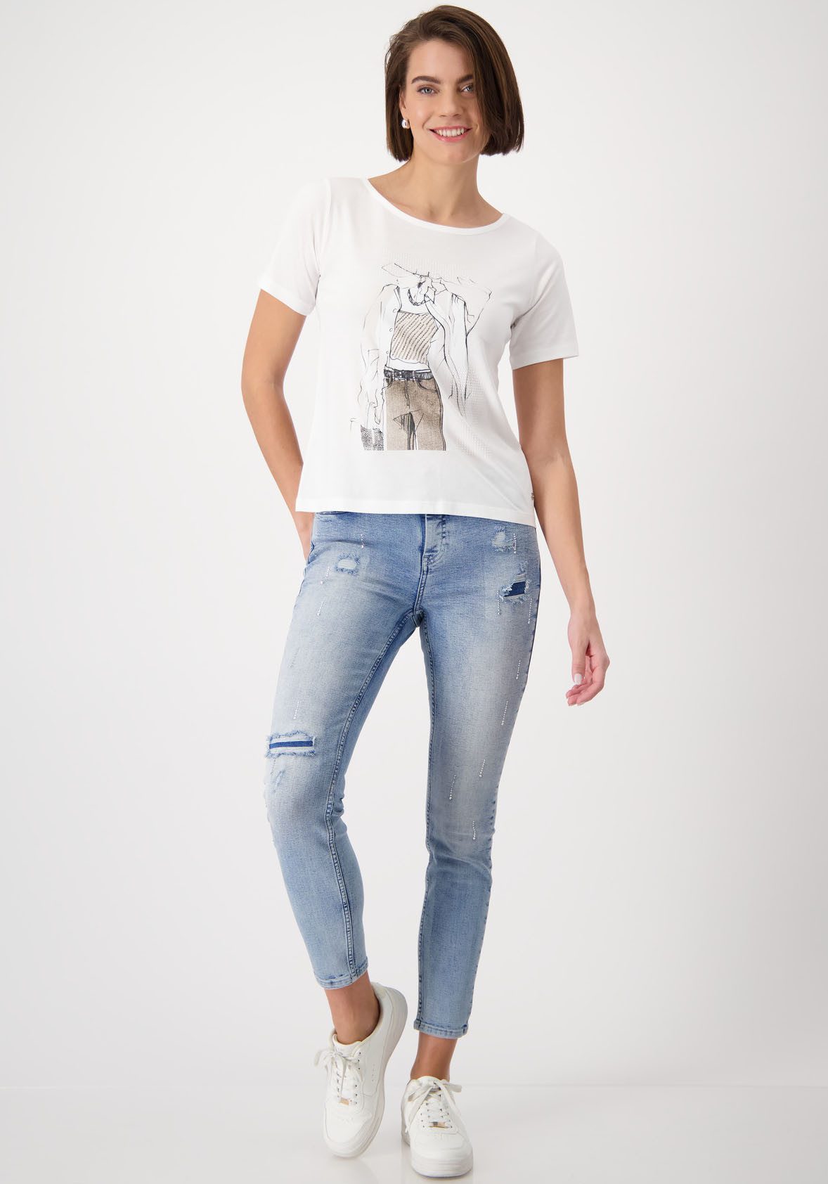 Monari Shirt met ronde hals Shirt vrouw getekend met frontprint en glitterstuds