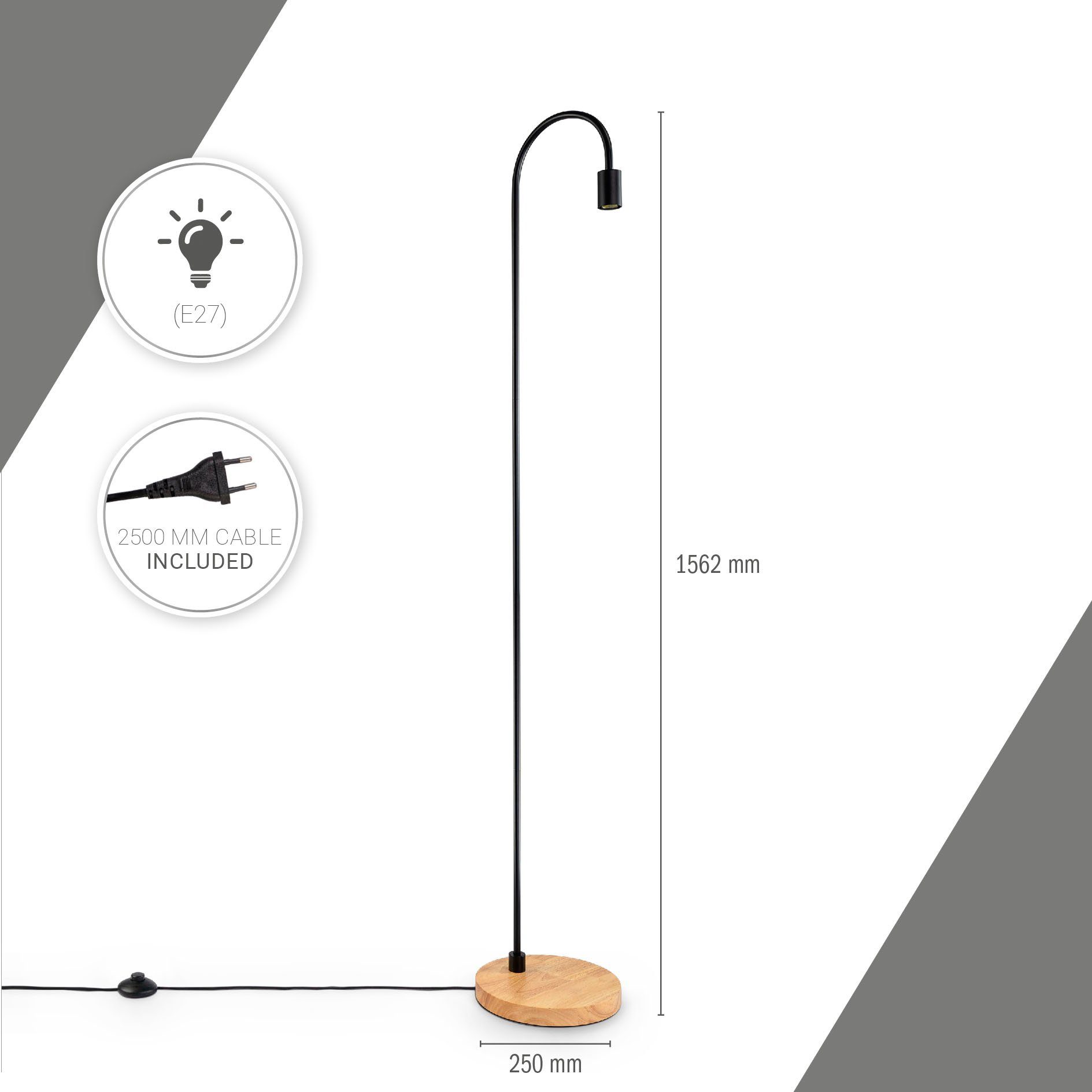 Paco Home Staande lamp Walter Booglamp industrial LED woonkamer Scandi minimalistisch houten voet