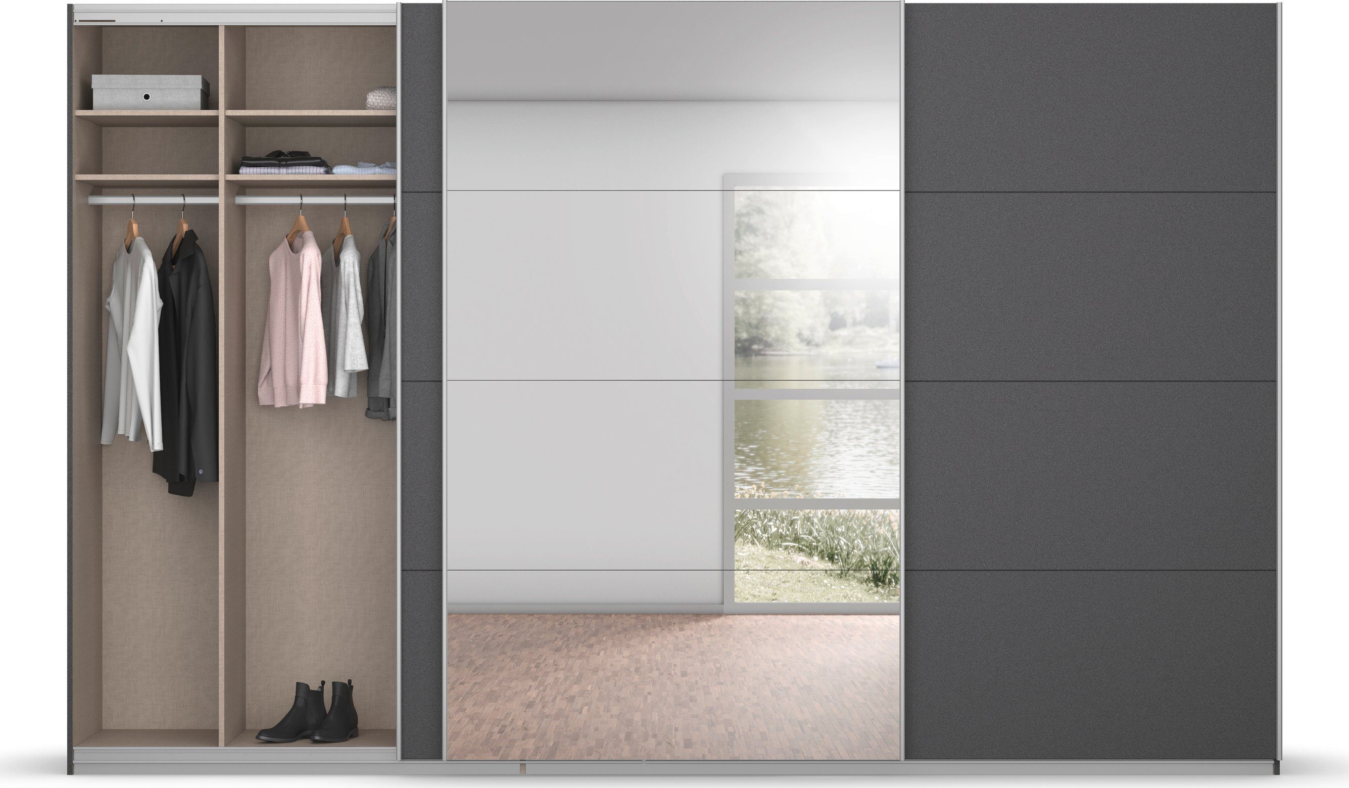 rauch Zweefdeurkast Kledingkast kast garderobe BESTSELLER KOLUNA met spiegel inclusief 2 binnenladen en extra legplanken made in germany
