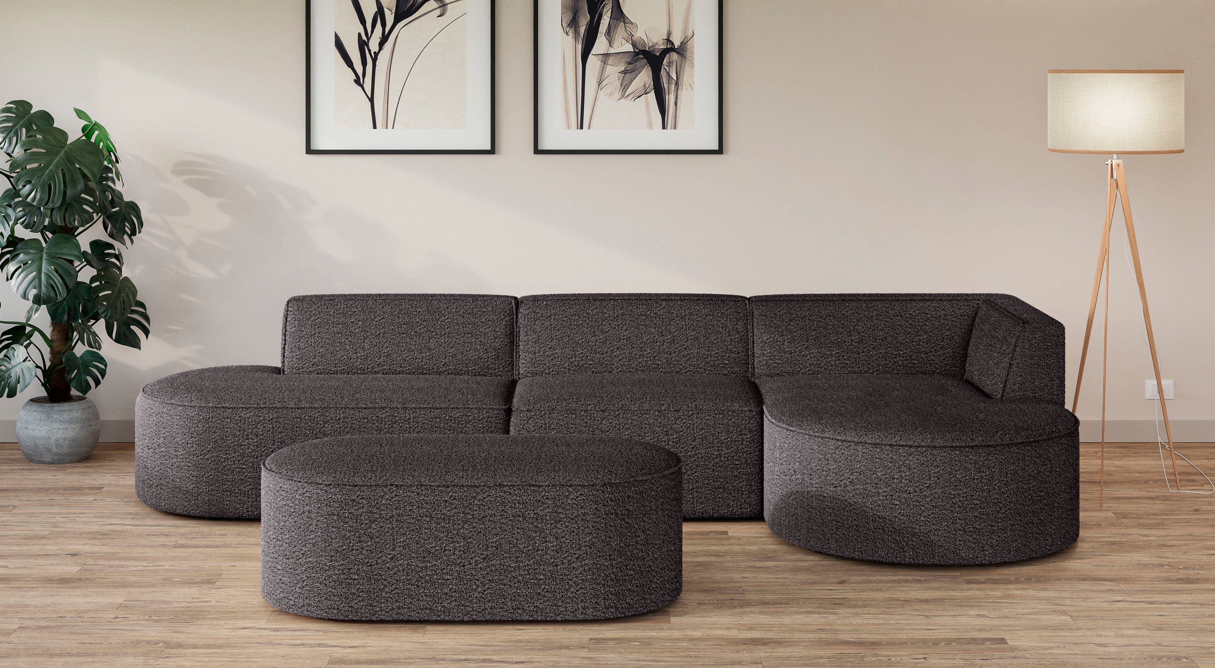 andas Hocker EIVIND zitpoef, afmetingen: B/D/H: 142/70/48 cm ook in bouclé en fijncord, met golfondersteuning
