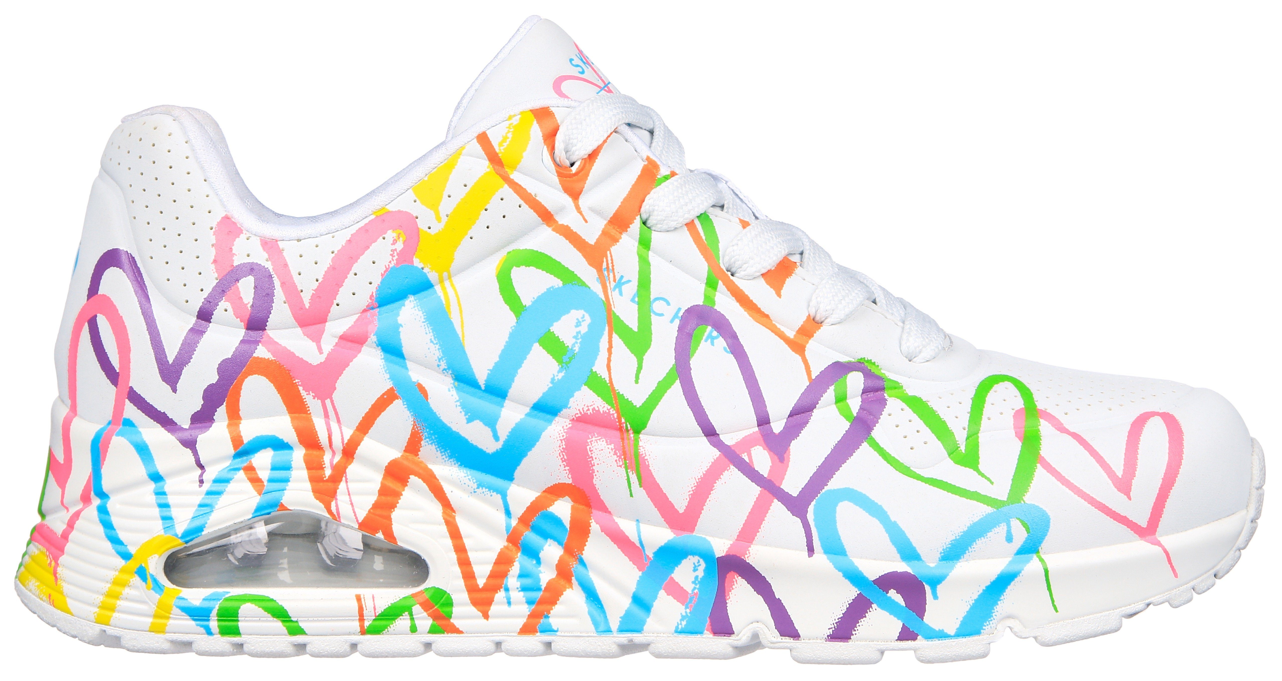 Skechers Sneakers UNO - HIGHLIGHT LOVE , vrijetijdsschoen, lage schoen, veterschoen met hartjes-print