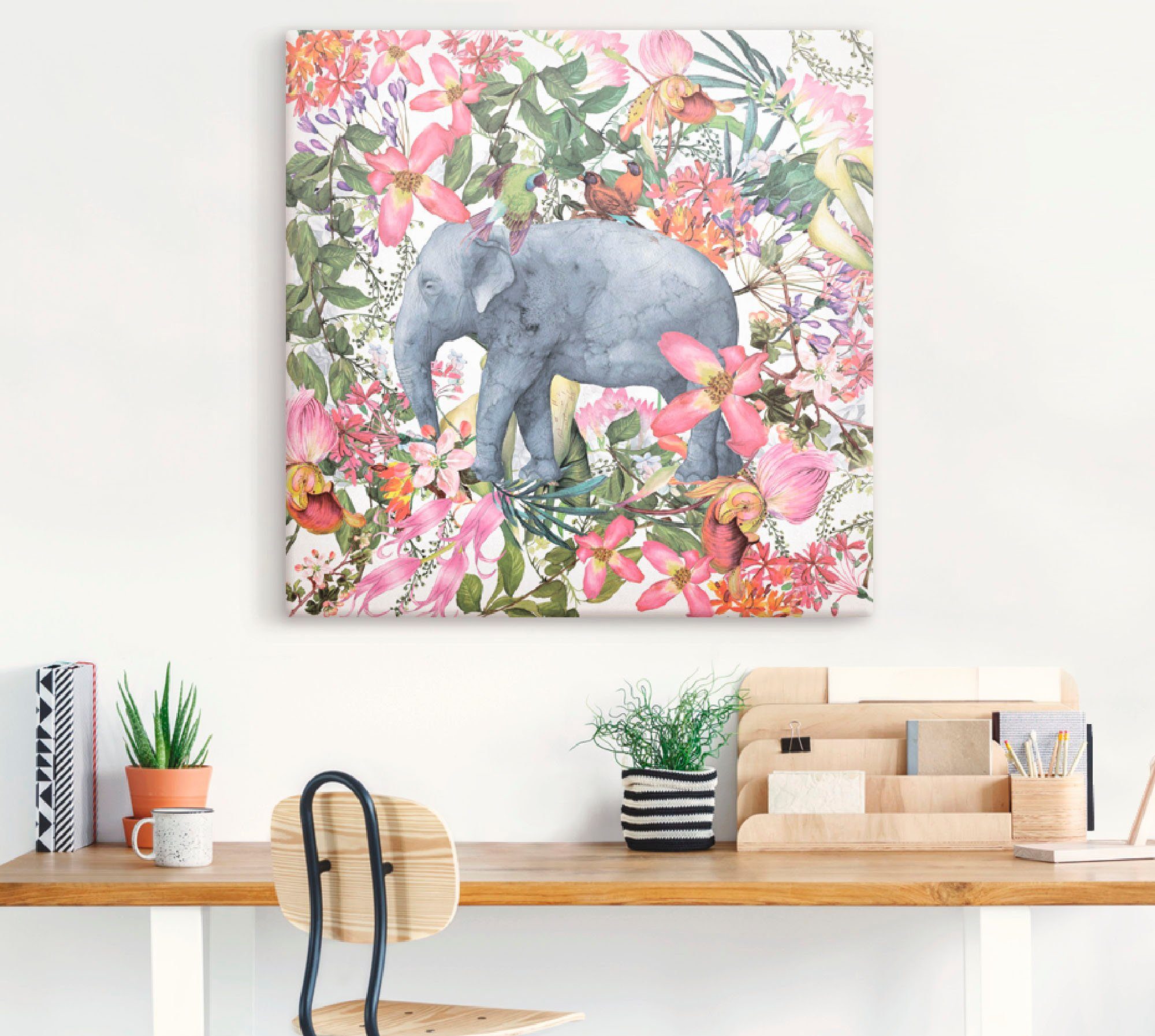 Artland Artprint Olifant in bloemen jungle als artprint op linnen, poster in verschillende formaten maten