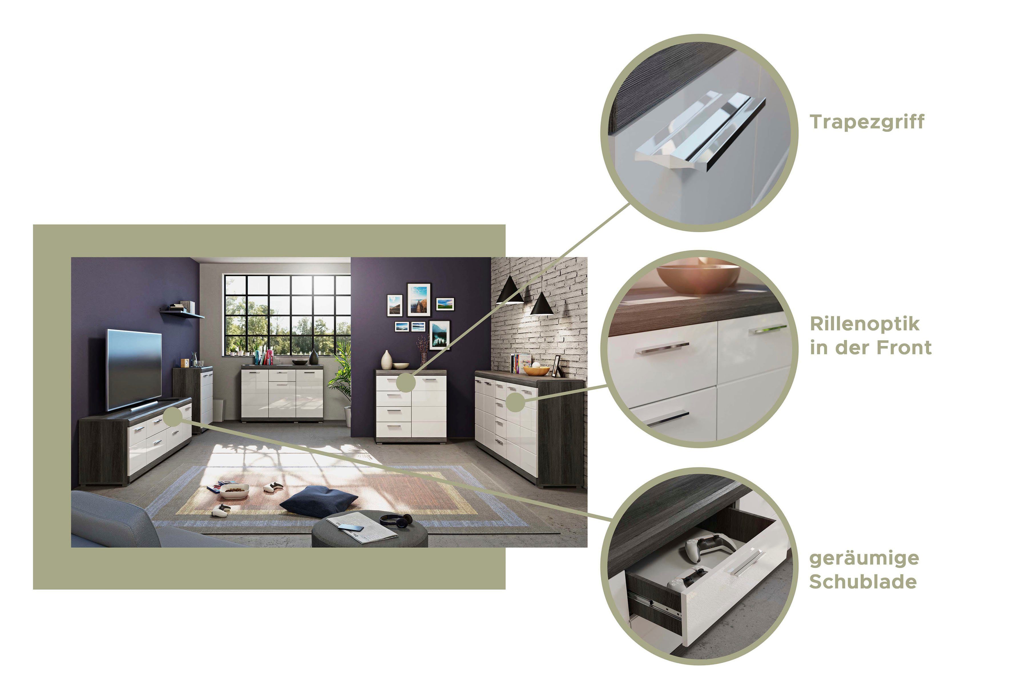 INOSIGN Kast Siena, breedte 80 cm, 1 deur, 2 legplanken, 3 vakken, 4 lades Front-groeffreesing, schoenenkommode, schoenenkast, buffetkast, sideboard