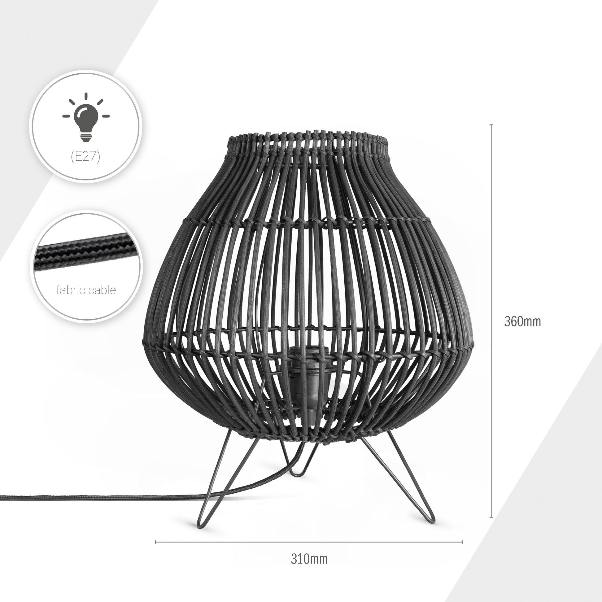 Paco Home Tafellamp PURI Rattan mandlamp nacht LED driepoot Boho E27
