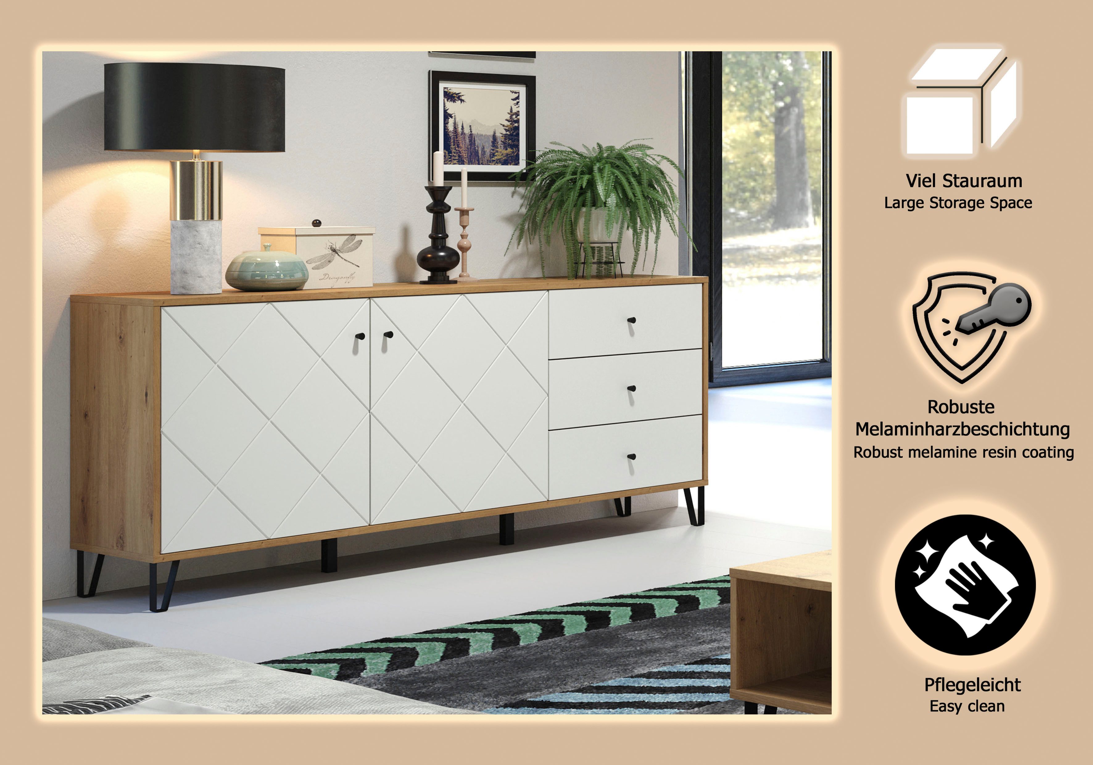 Places of Style Dressoir Tarragona Commode, Frezingen in ruitlook, Breedte 183 cm