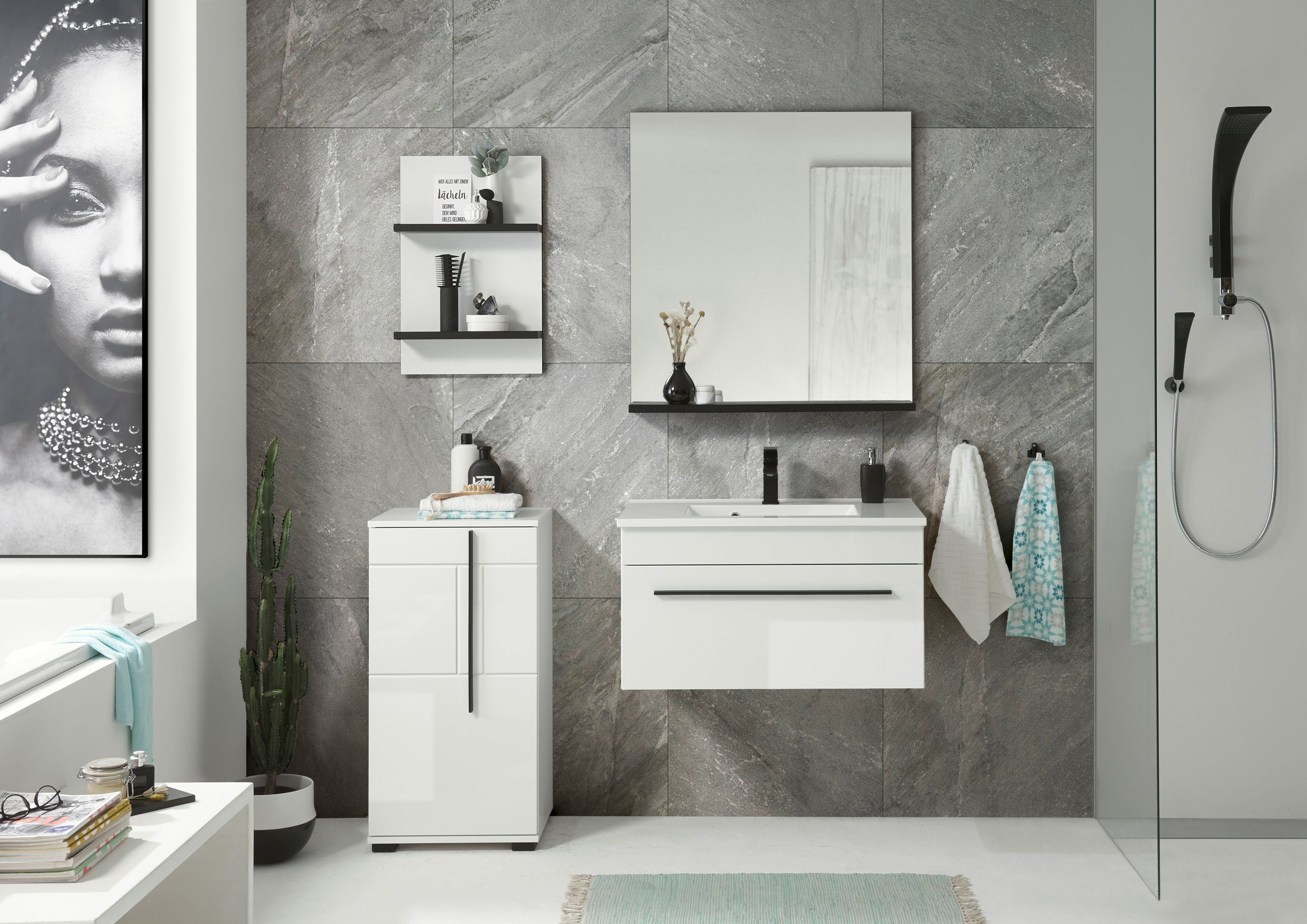 INOSIGN Badkamerserie Cantara, badkamer in modern ontwerp, 4-delig badkamer Waschtafel, kast, hangplank en spiegel, in wit hoogglans (set, 4-delig)