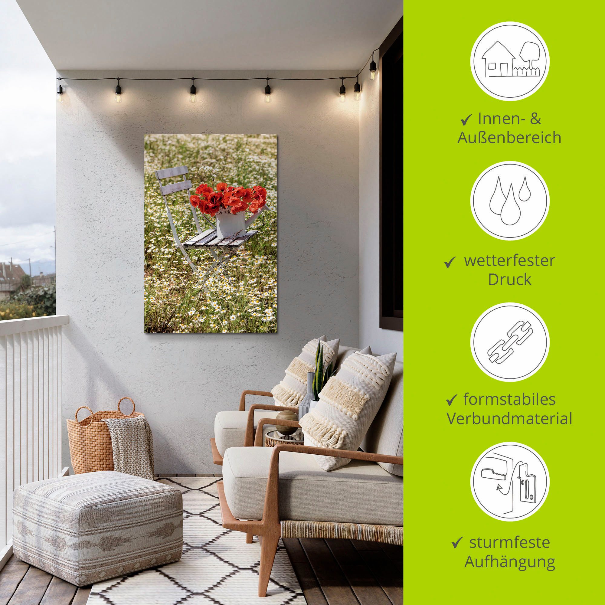 Artland Aluminium dibond print Stoel in kamilleveld met klaprozen geschikt voor binnen en buiten, buitenafbeelding