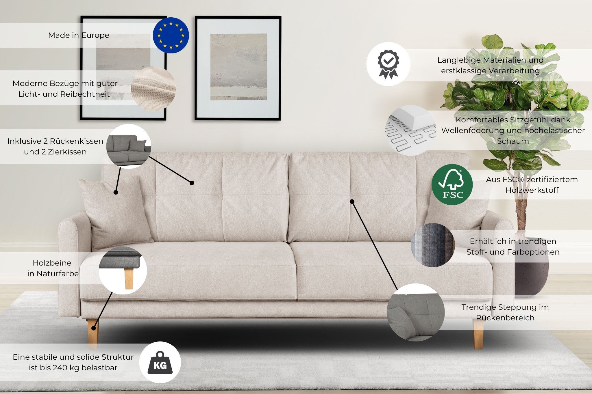 Home affaire 2-zitsbank TRIPLO met golfsysteem, afmetingen B/D/H: 165/100/89 cm Bank met stiksel in het ruggebied, incl. rugkussen en sierkussen
