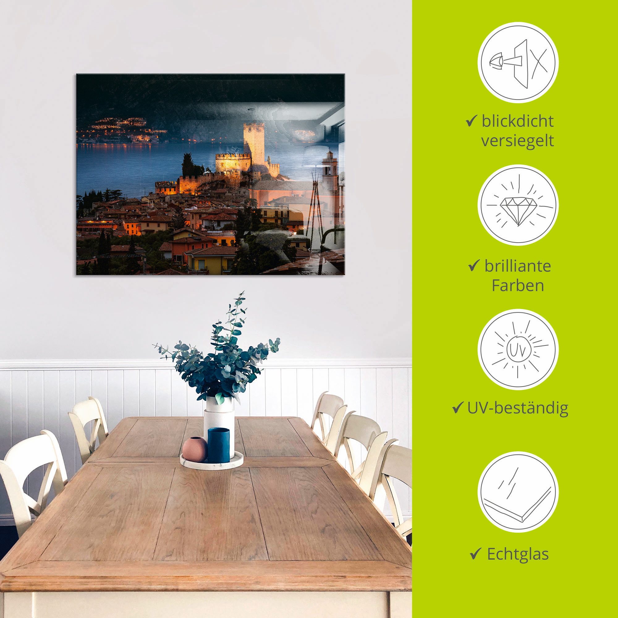 Artland Print op glas Boven de daken van Malcesine