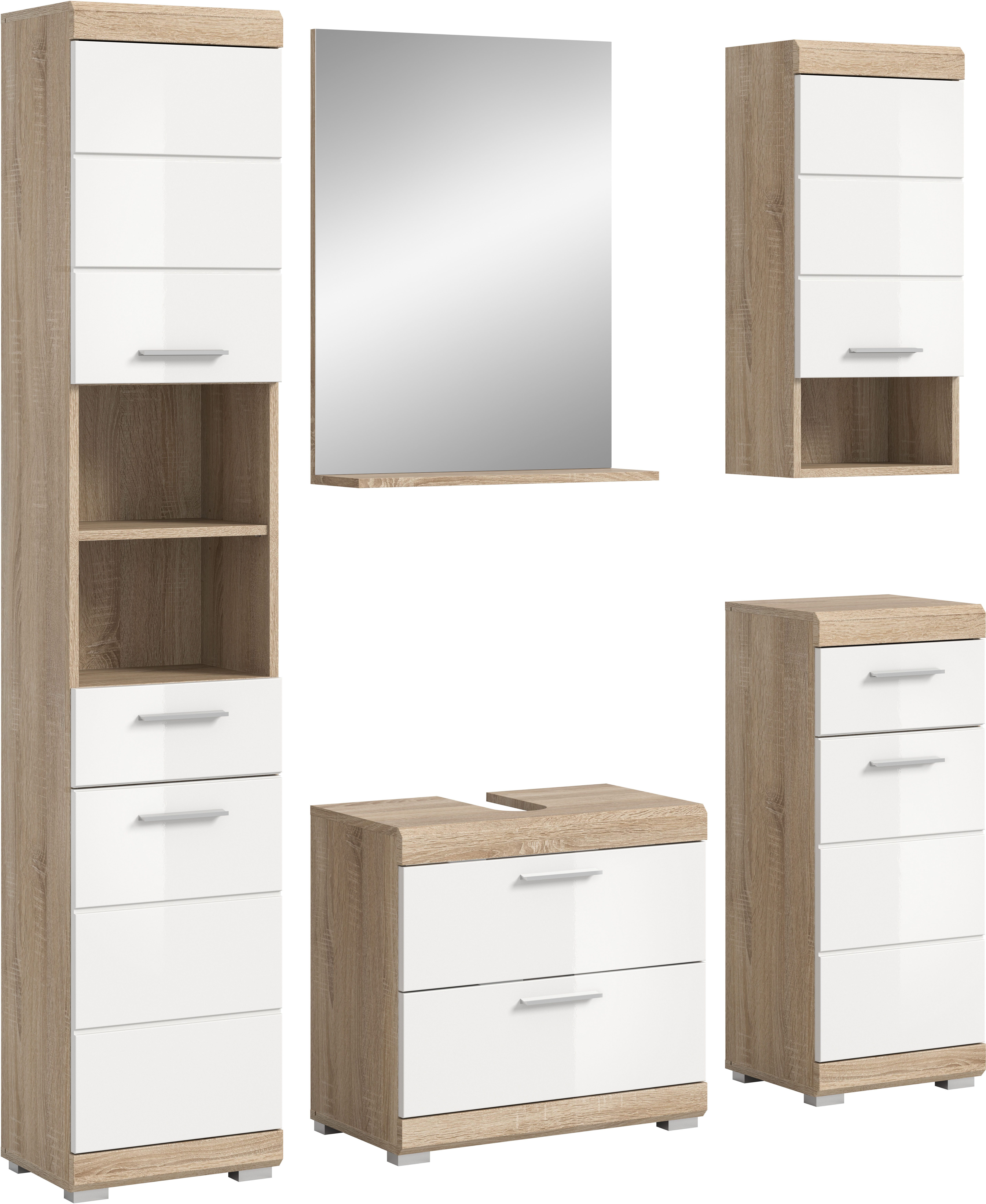 INOSIGN Badmeubelset Siena, 5-delig, bestaande uit: Hoge kast, WBU, spiegel, onderkast, hangkast (set, 5 stuks) badmeubelsets bruin