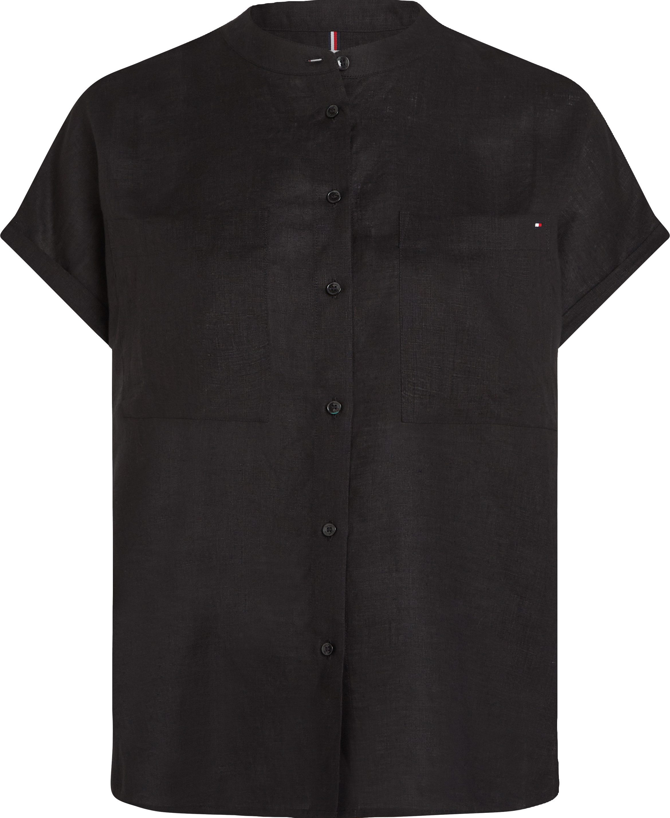 Tommy Hilfiger Blouse met korte mouwen ESS LINEN COLLARLESS S/S BLOUSE met logo-borduursel, verkoelend premium linnen
