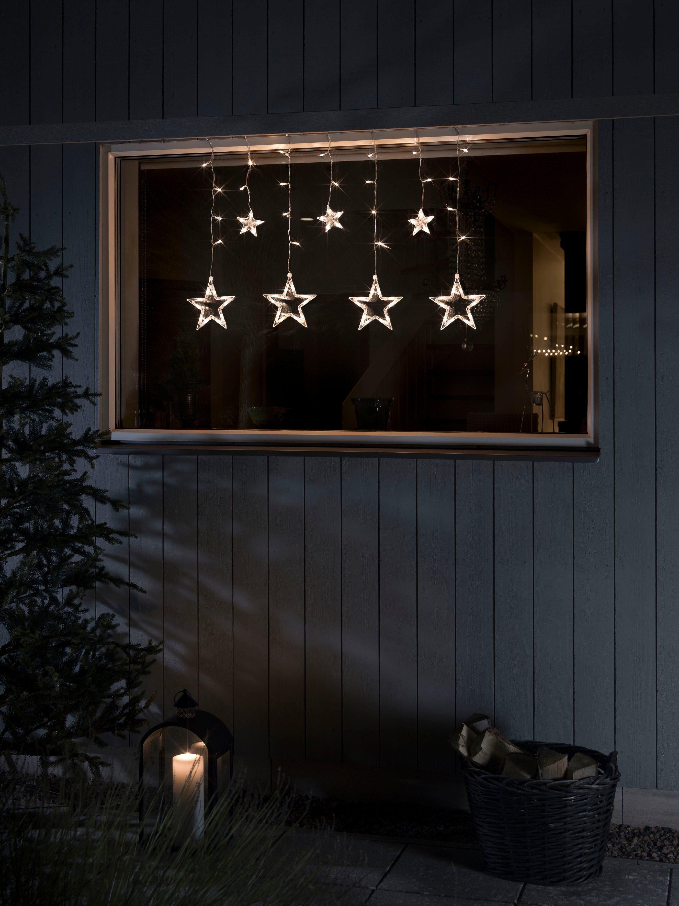 KONSTSMIDE Led-lichtgordijn LED zonne-ster lichten gordijn, 77 amberkleurige diodes Afstandsbediening, 8 lichtfuncties, timer, zonnebox oplaadbaar via USB (2 stuks)