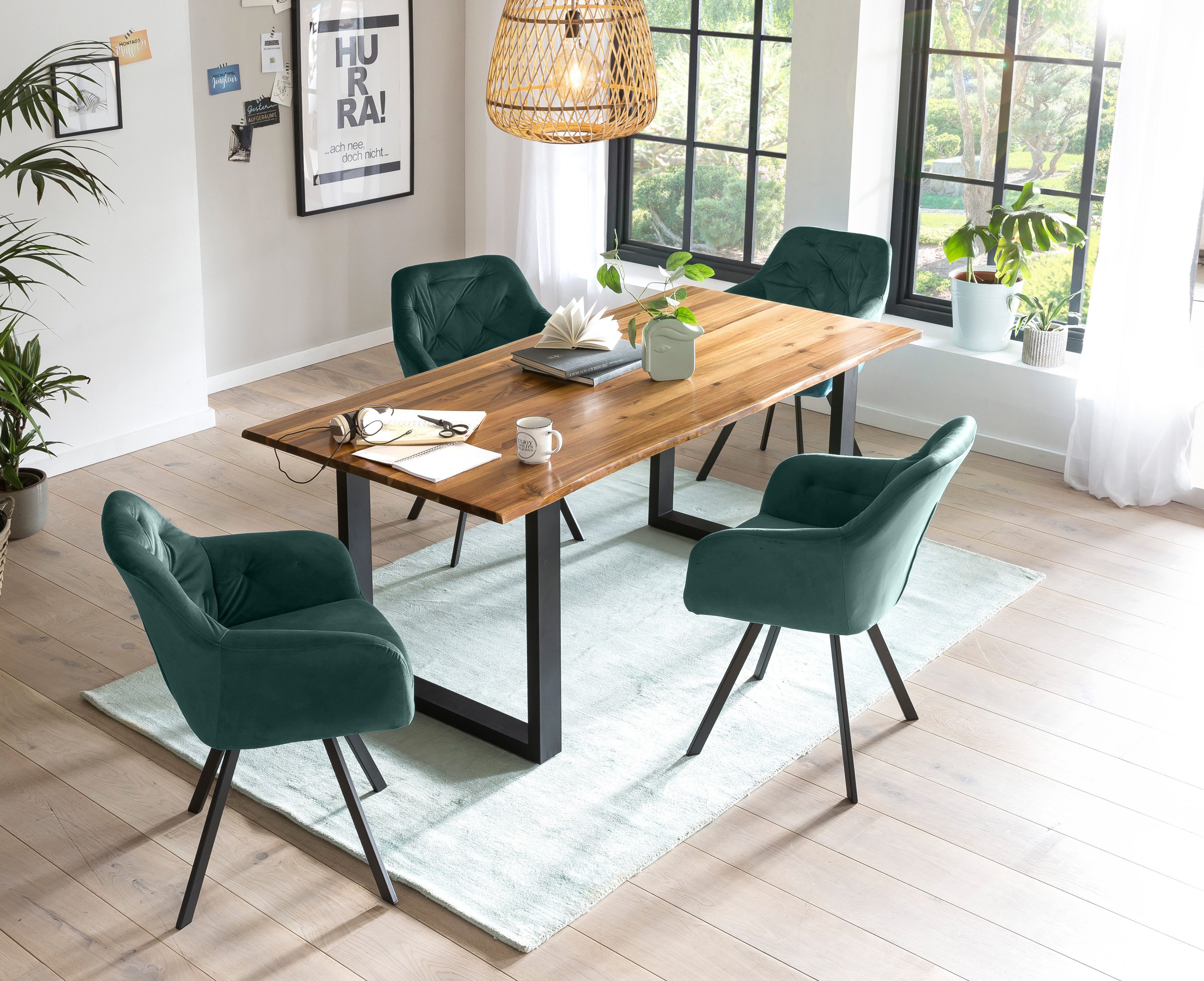 SalesFever Eethoek Stoelen met 360° draaiplateau, tafelblad met echte boomrand (set, 5-delig) eethoeken groen