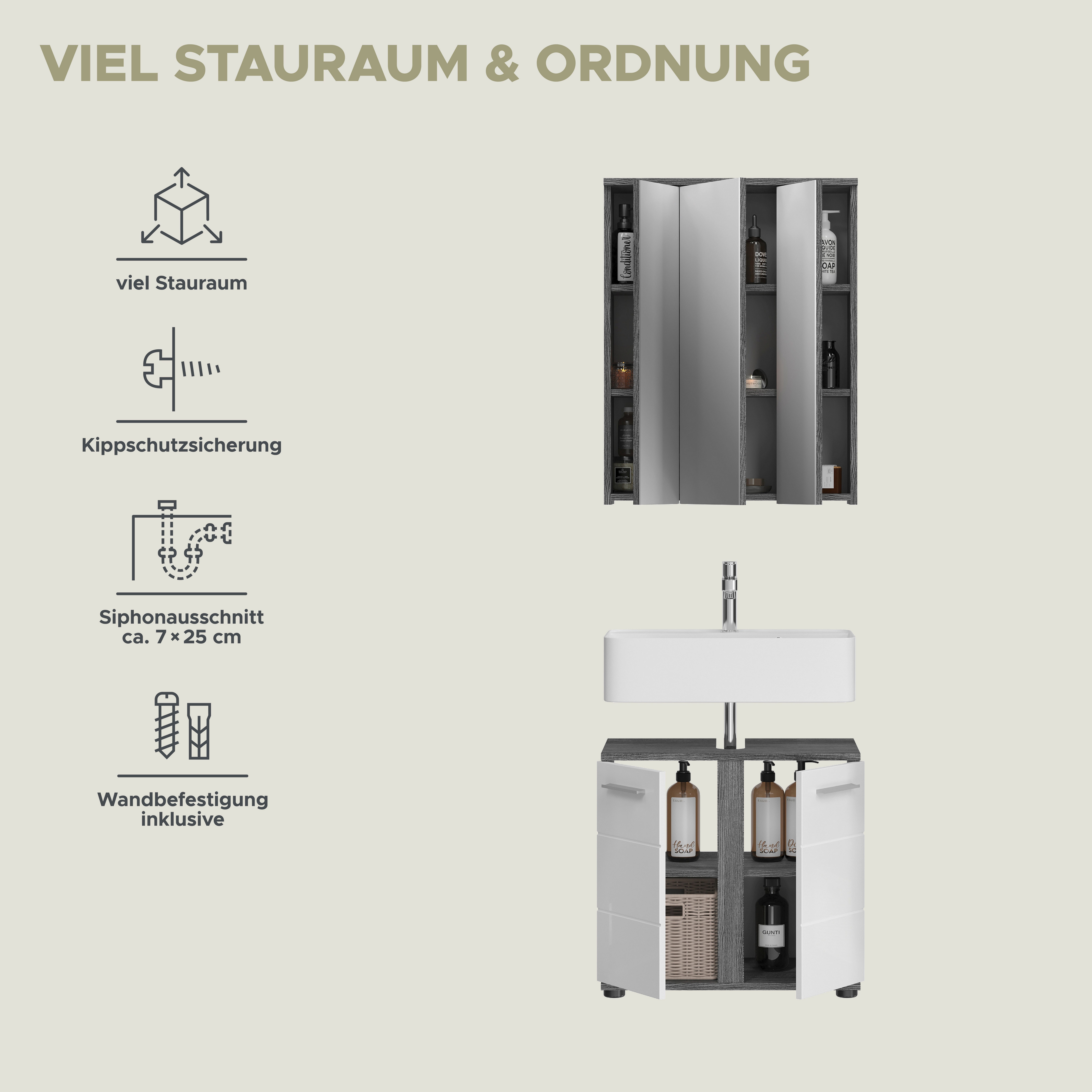 welltime Badkamerserie LUCCA, 2-delig, TOPSELLER!, wastafelonderkast, spiegelkast hoogwaardige mdf front, badkamermeubels, combinatie, combi, badkamer (set, 2-delig)