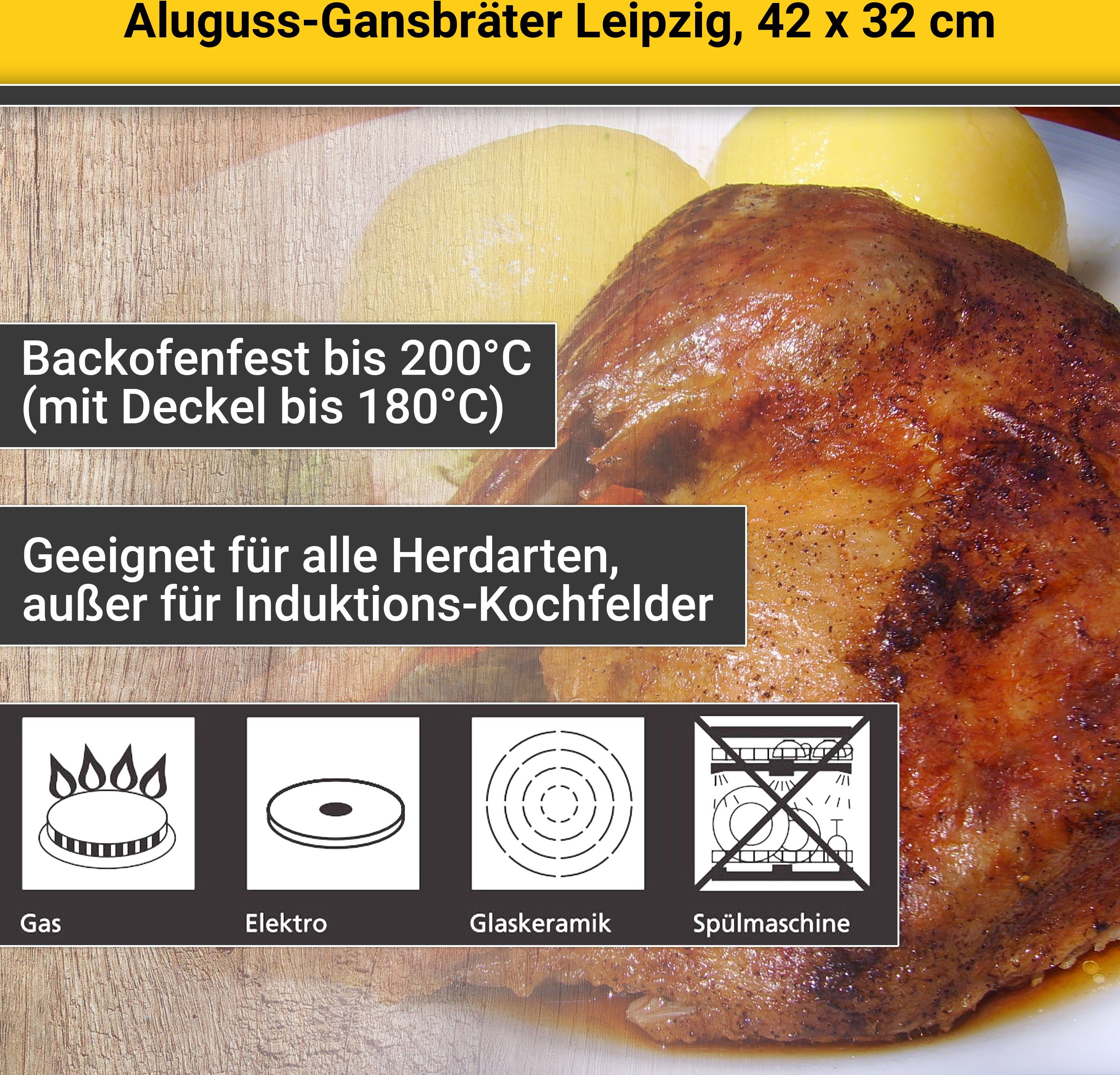 Krüger Braadpan Gietaluminium ganzenbraadpan met glazen deksel en aromaknop LEIPZIG, 42x32x14 cm (1-delig)