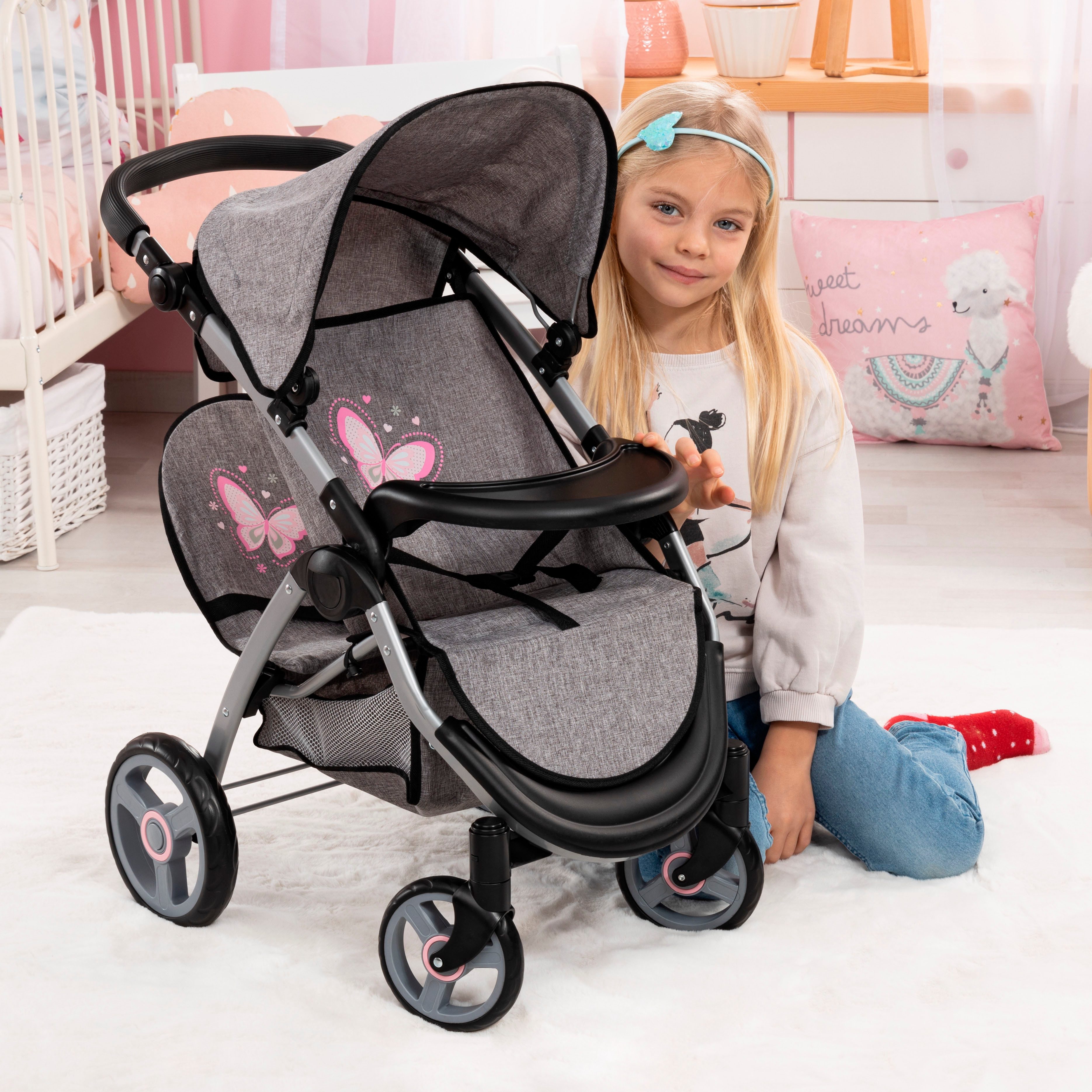 Bayer Poppen-duobuggy Twin Star, grijs/roze