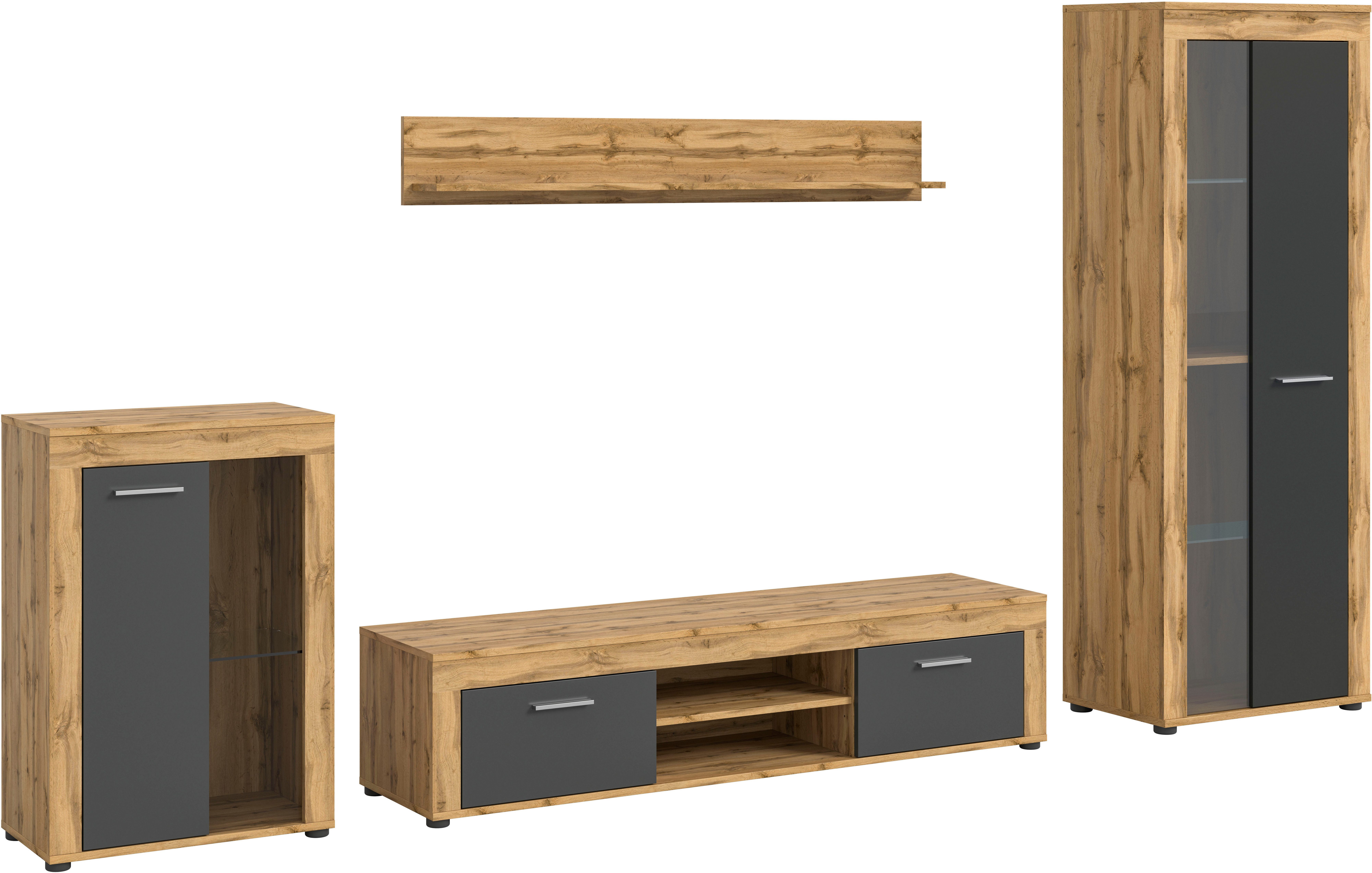 INOSIGN Wandmeubel Aosta, 4-delig, bestaande uit: vitrinekast, lowboard, wandplank & hoge vitrinekast (4-delig)
