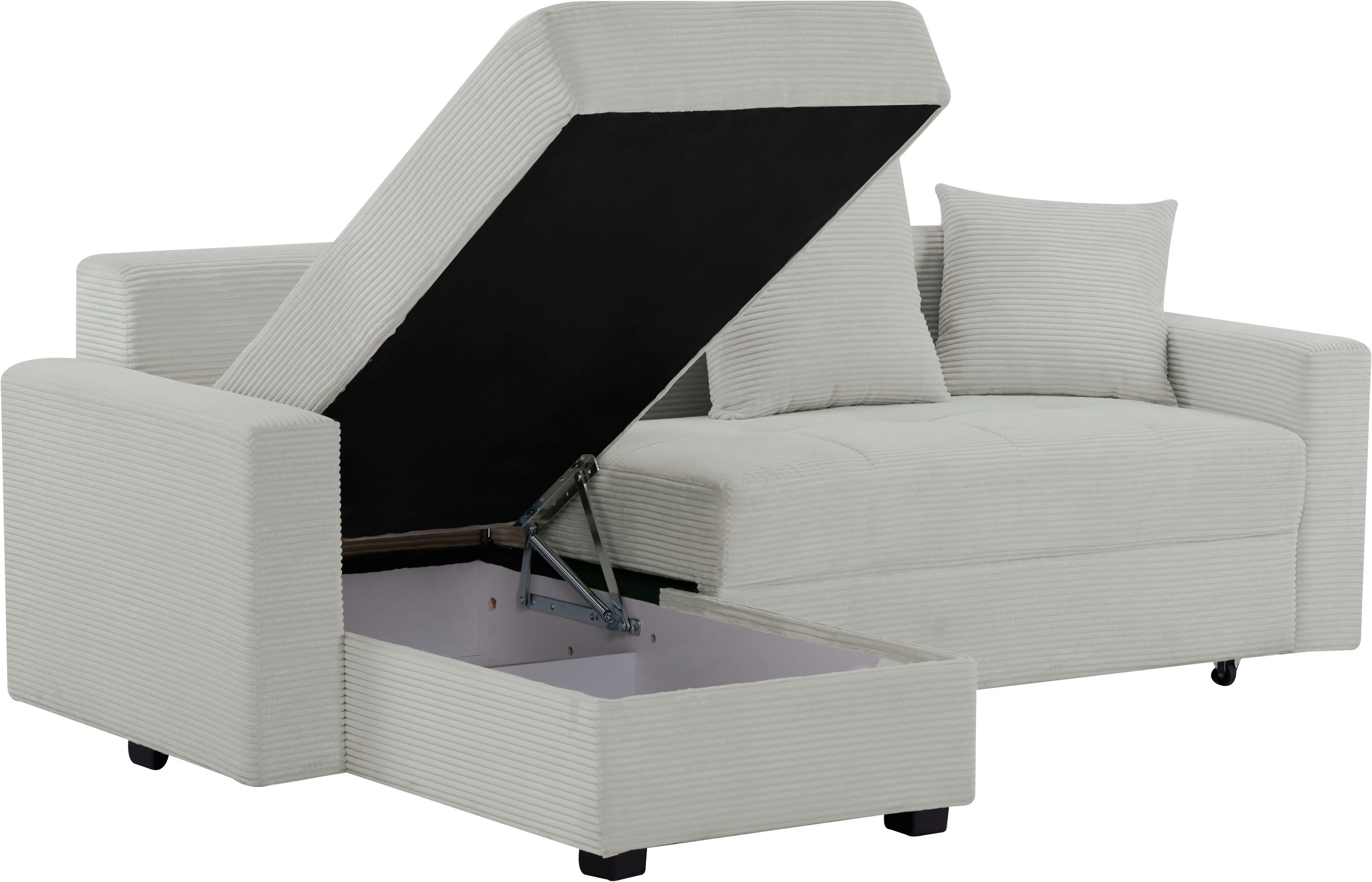 INOSIGN Hoekbank KILLAM, 217 cm, L-vorm, met slaapfunctie en bedlade Recamière rechts / links monteerbaar, in cord en geweven stof