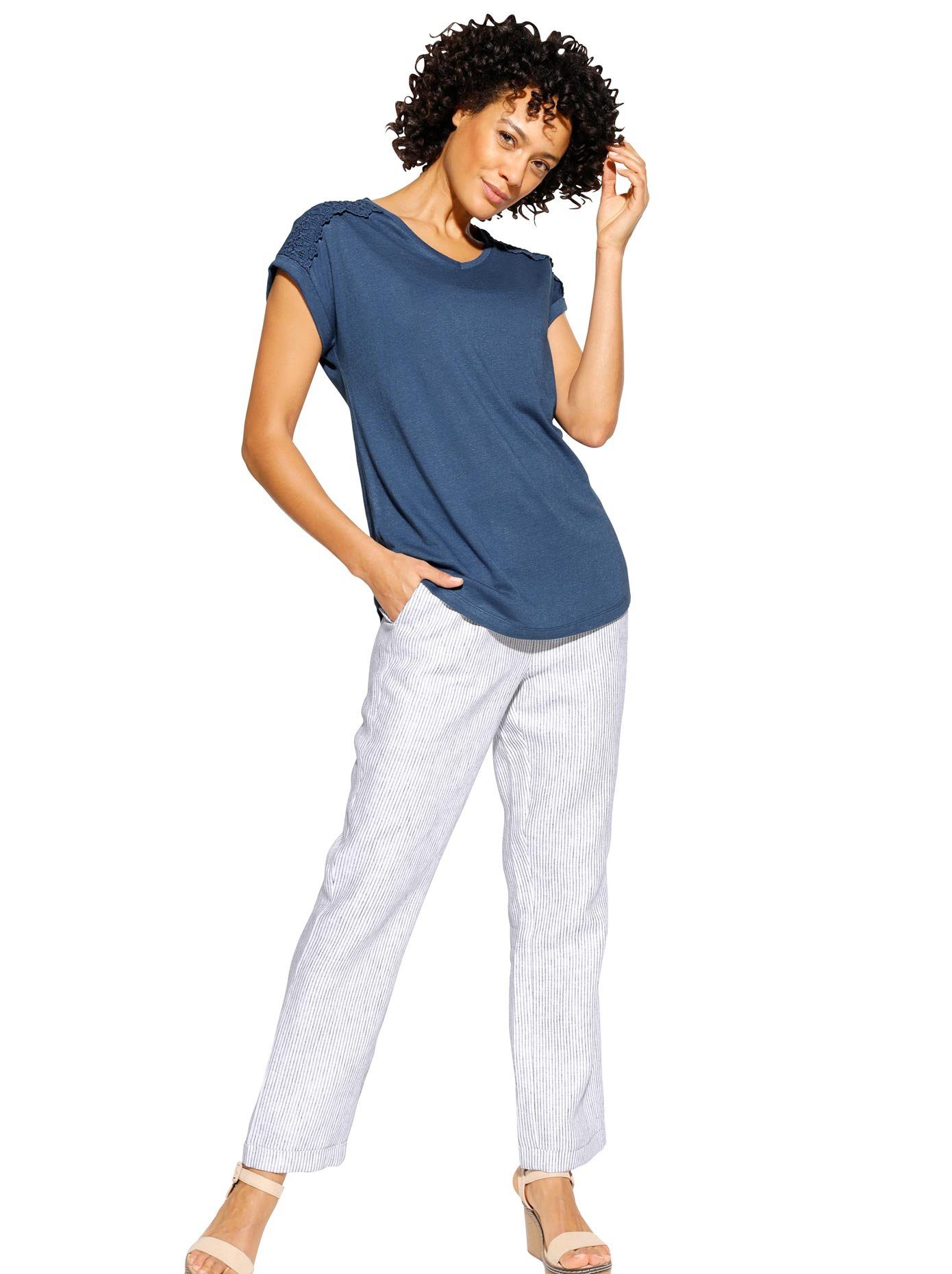 CREATION L PREMIUM Shirt met V-hals Linnen viscose overhemd (1-delig) dames t-shirts maat 36 blauw