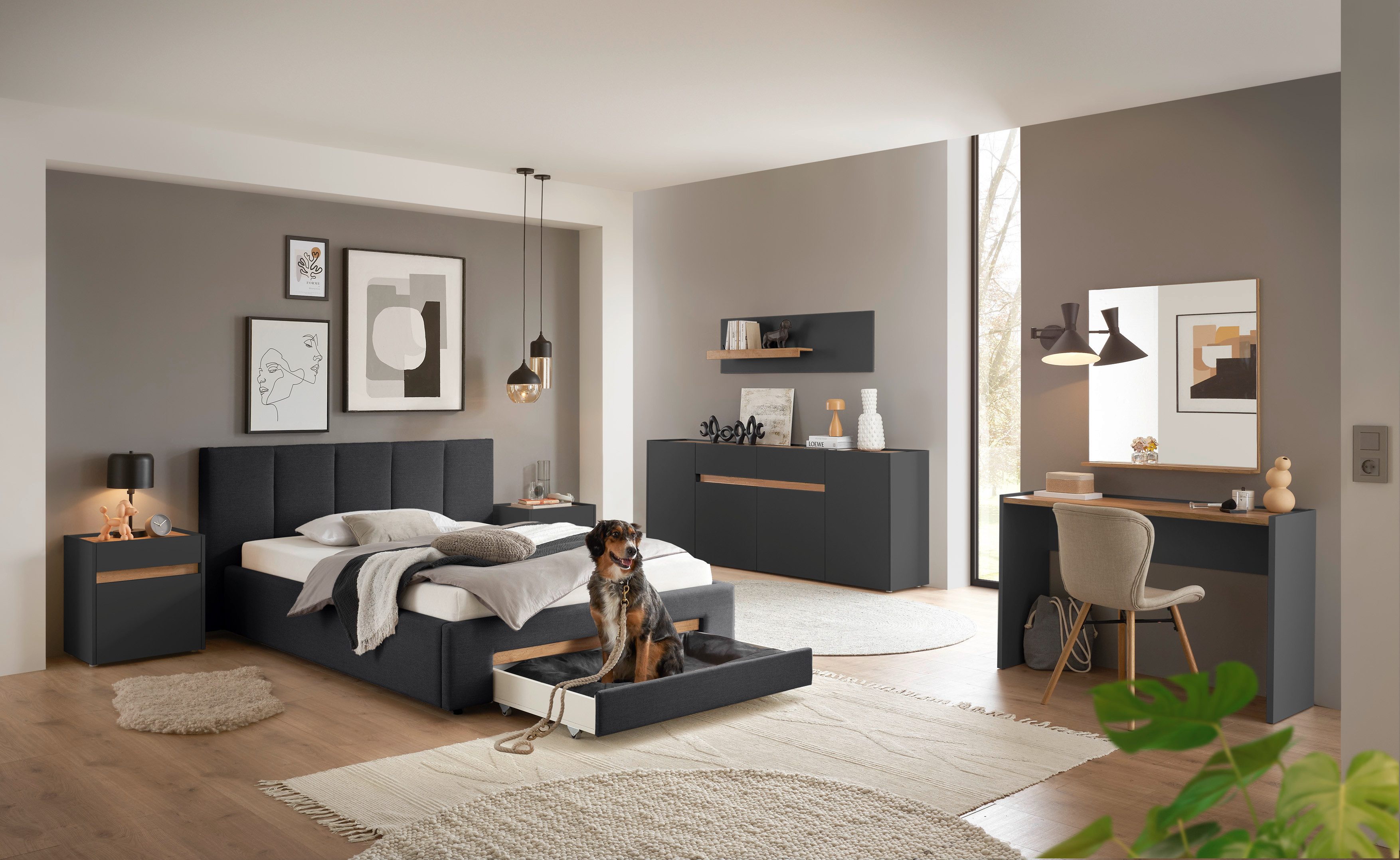 INOSIGN Gestoffeerd bed CiTY/GiRON, bedframe met bedlade, gestoffeerd opbergbed met hondenbed of opberglade, bekleding van corduroy of linnenlook