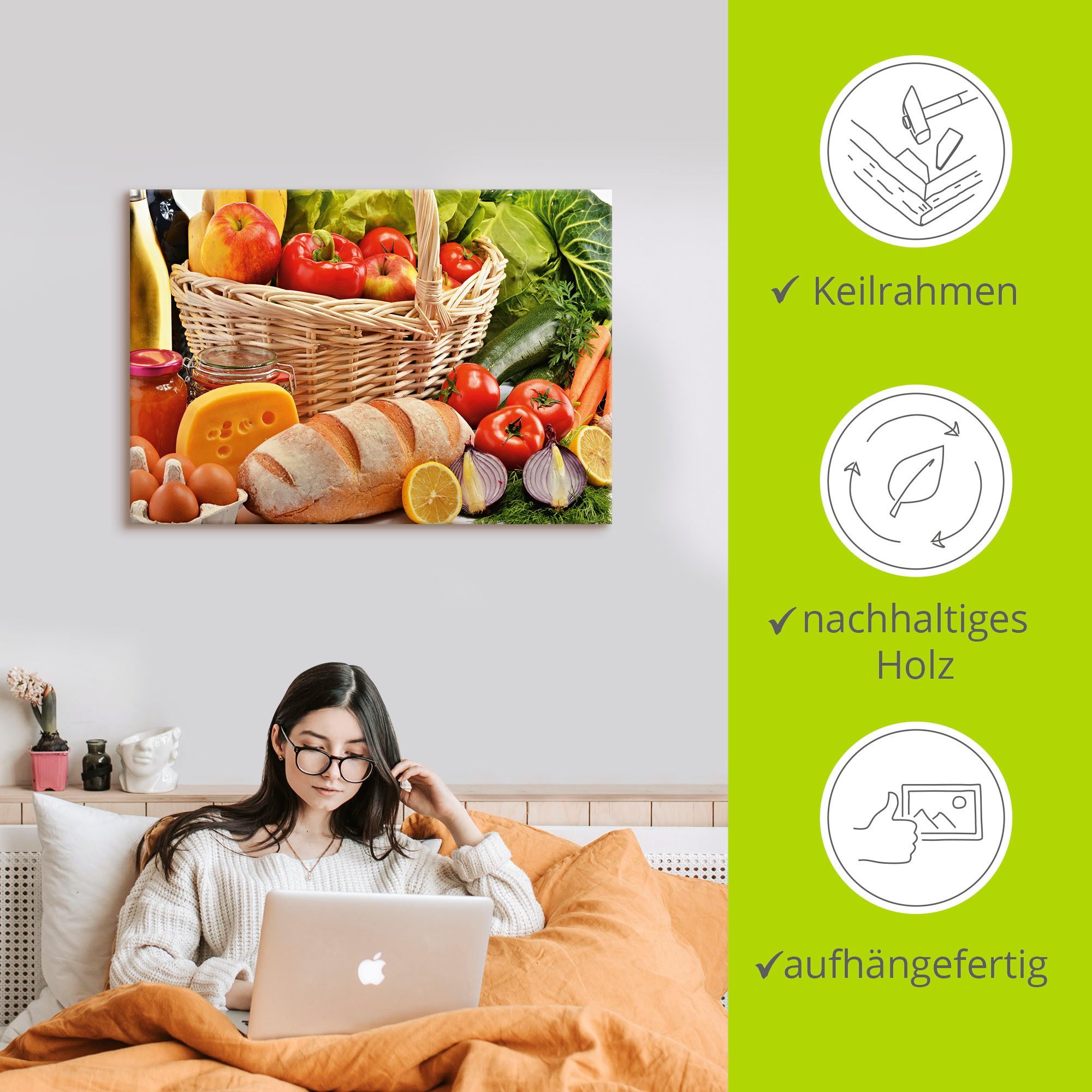 Artland Artprint Gezond leven - fruit en groentenmand als artprint van aluminium, artprint op linnen, muursticker of poster in verschillende maten