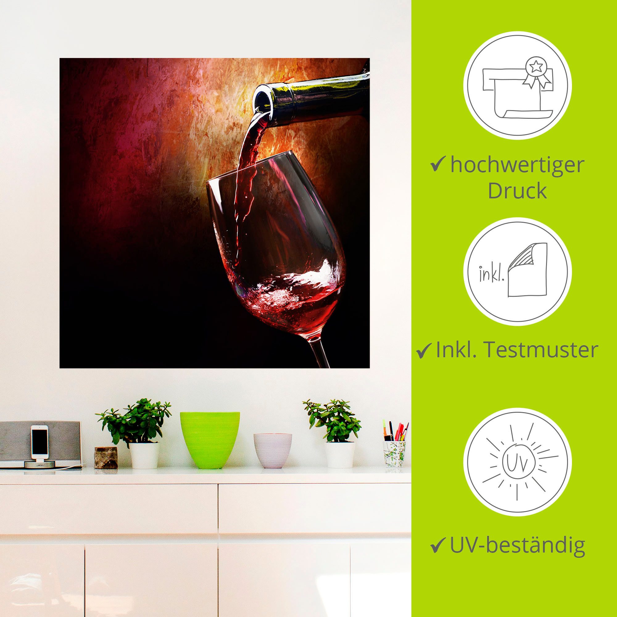 Artland Artprint Wijn - rode wijn als artprint van aluminium, artprint voor buiten, artprint op linnen, poster, muursticker