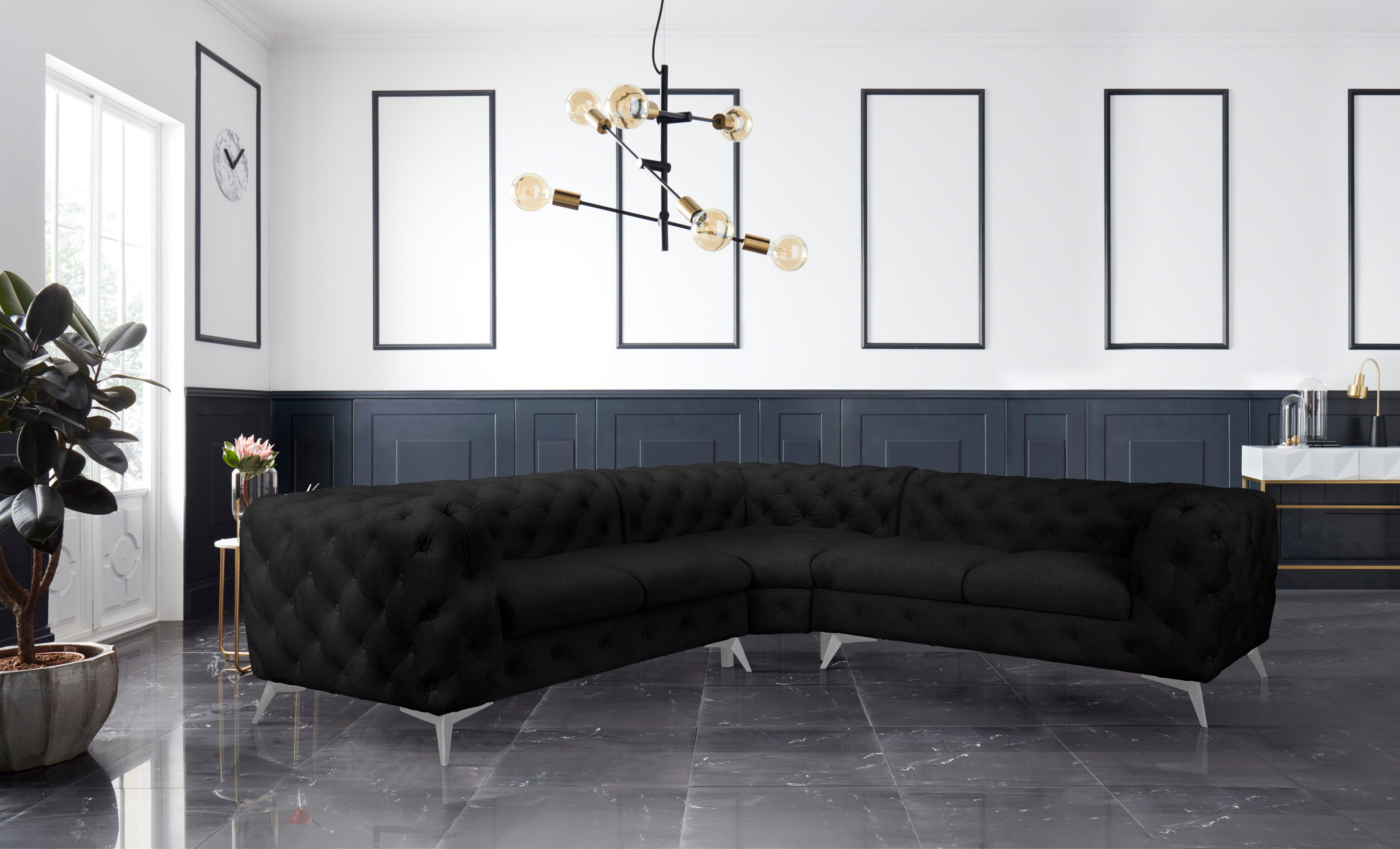 Leonique Chesterfield-bank Glynis L-vorm luxueuze capitonnage, moderne chesterfield look, kleur van de poten ter keuze