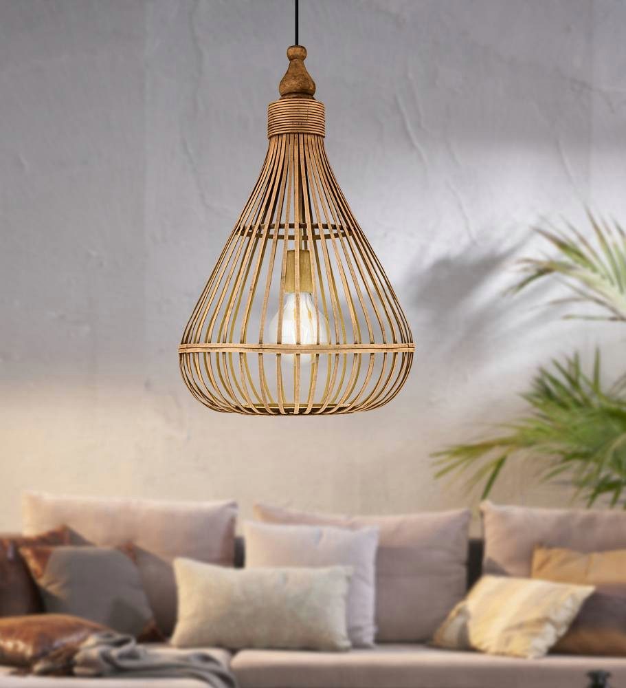 EGLO Hanglamp AMSFIELD Hanglamp, staal, hout in natuurlijke kleuren, eettafellamp, E27, Ø 35 cm (1 stuk)