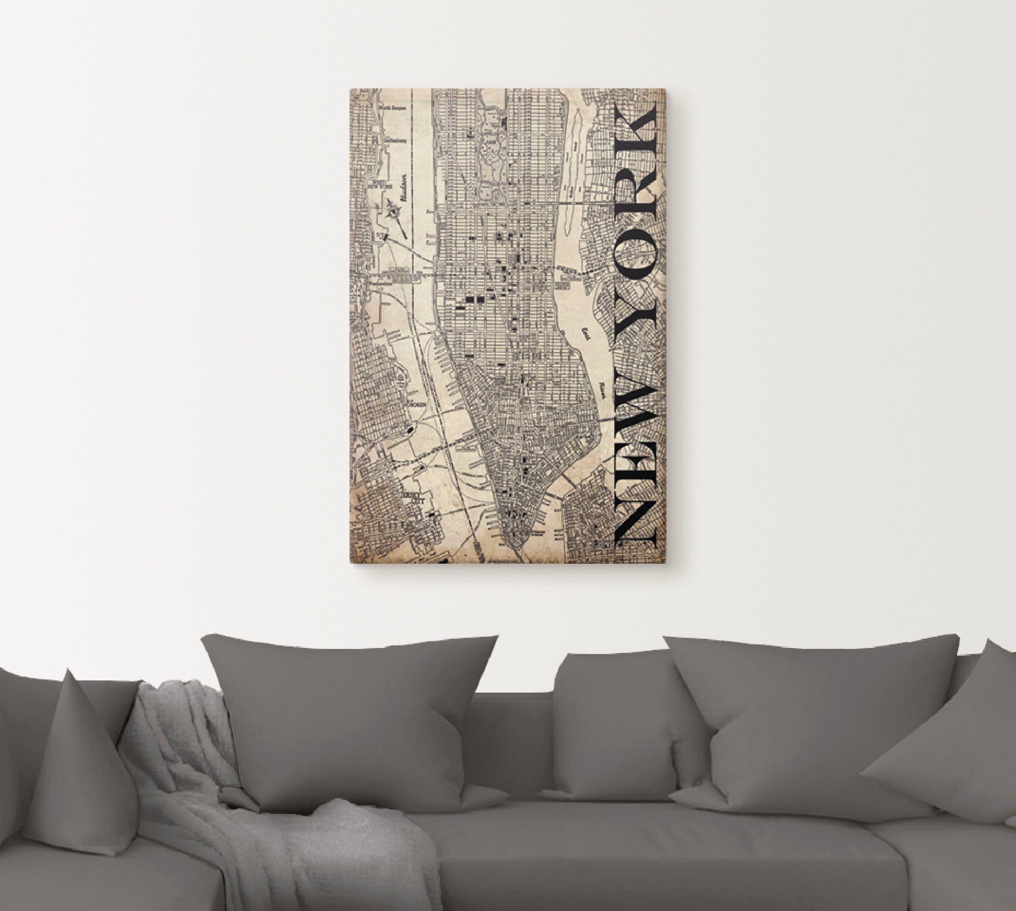 Artland Artprint New York kaart straten kaart Grunge als artprint op linnen, poster in verschillende formaten maten