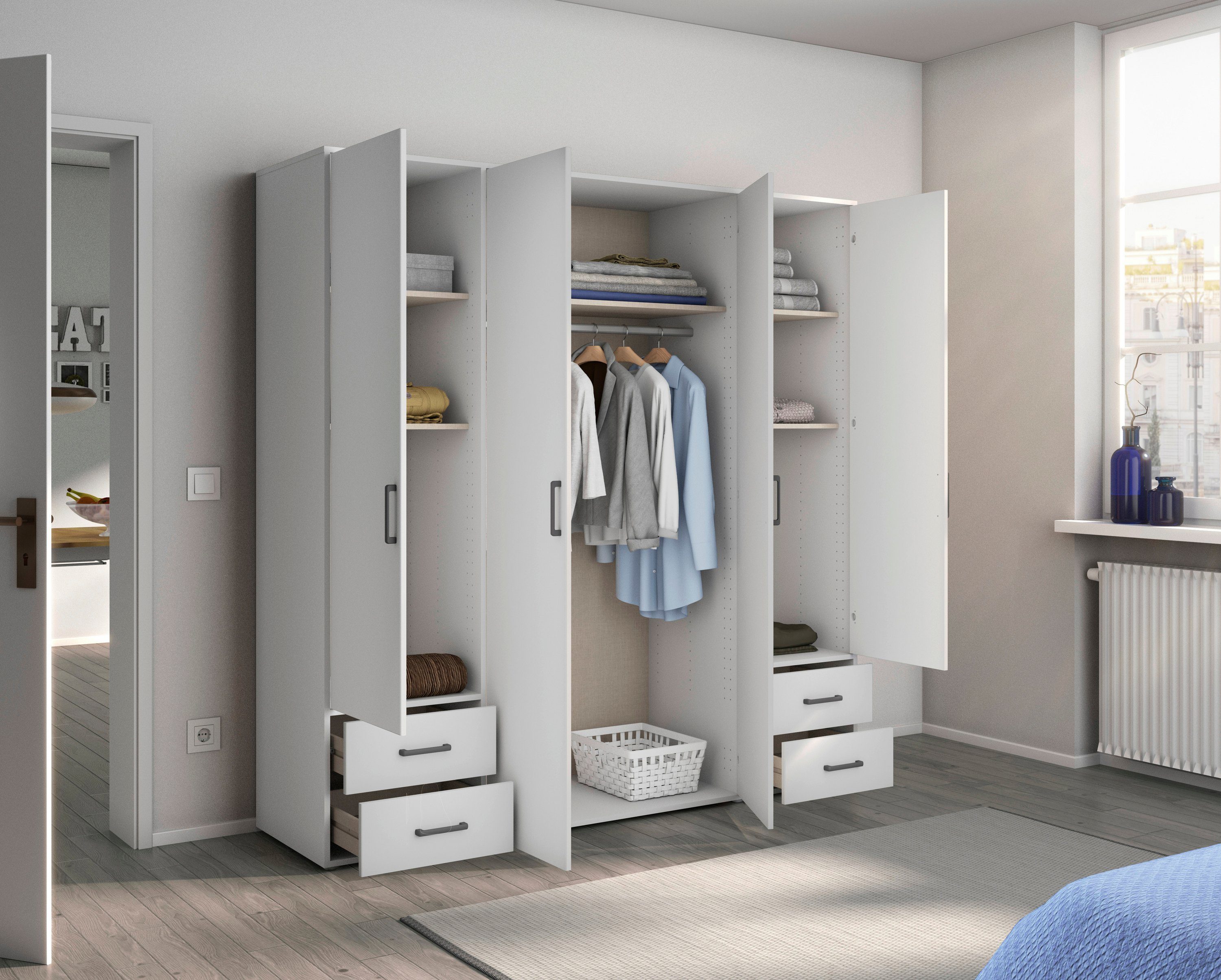 rauch Draaideurkast Kledingkast kast garderobe linnenkast VOYAGER moderne grepen in grijs metallic met buitenlades made in germany