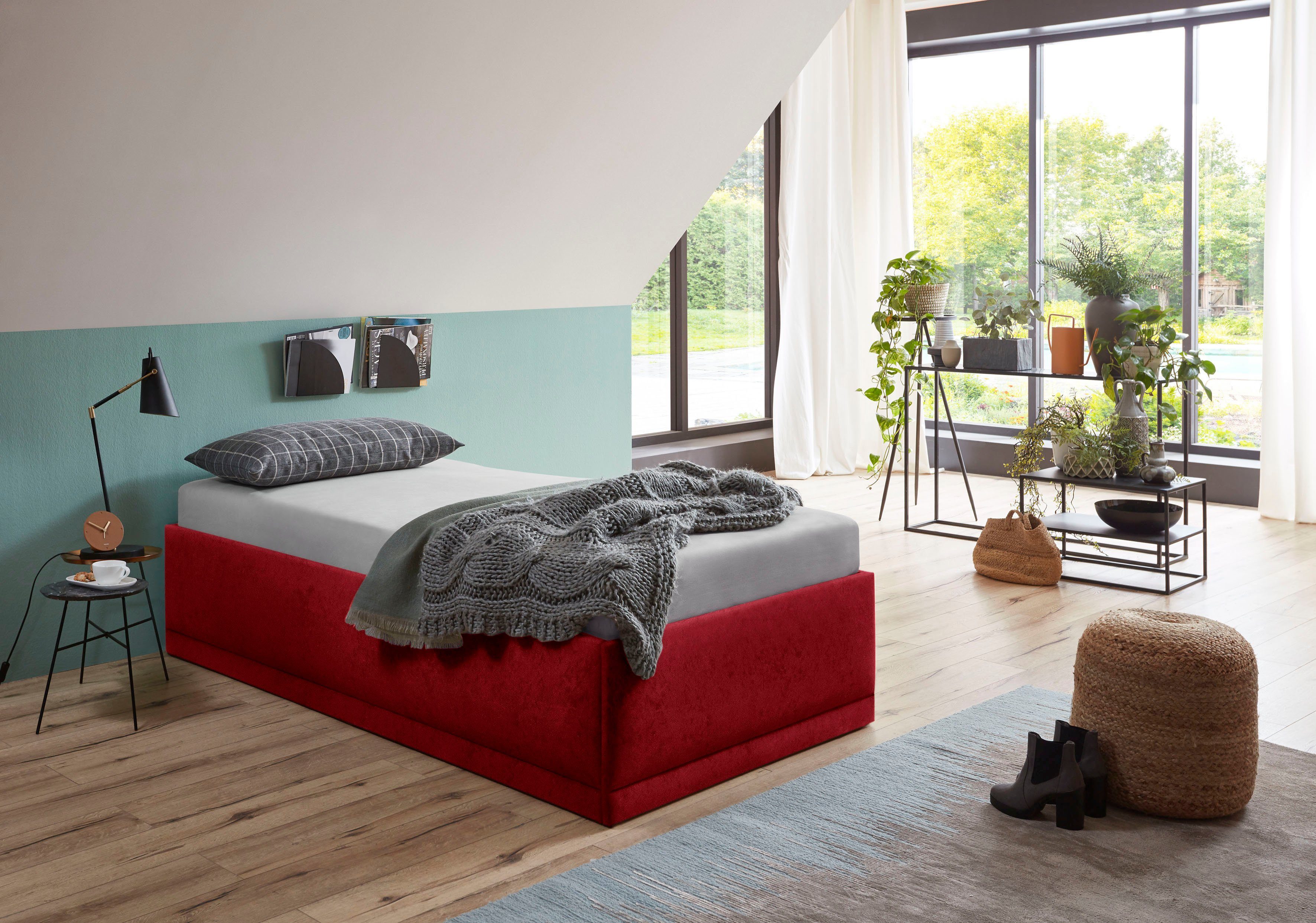 Westfalia Polsterbetten Gestoffeerd bed Texel Standaardhoogte met sierkussen, bedkist bij uitvoering met matras bedden rood