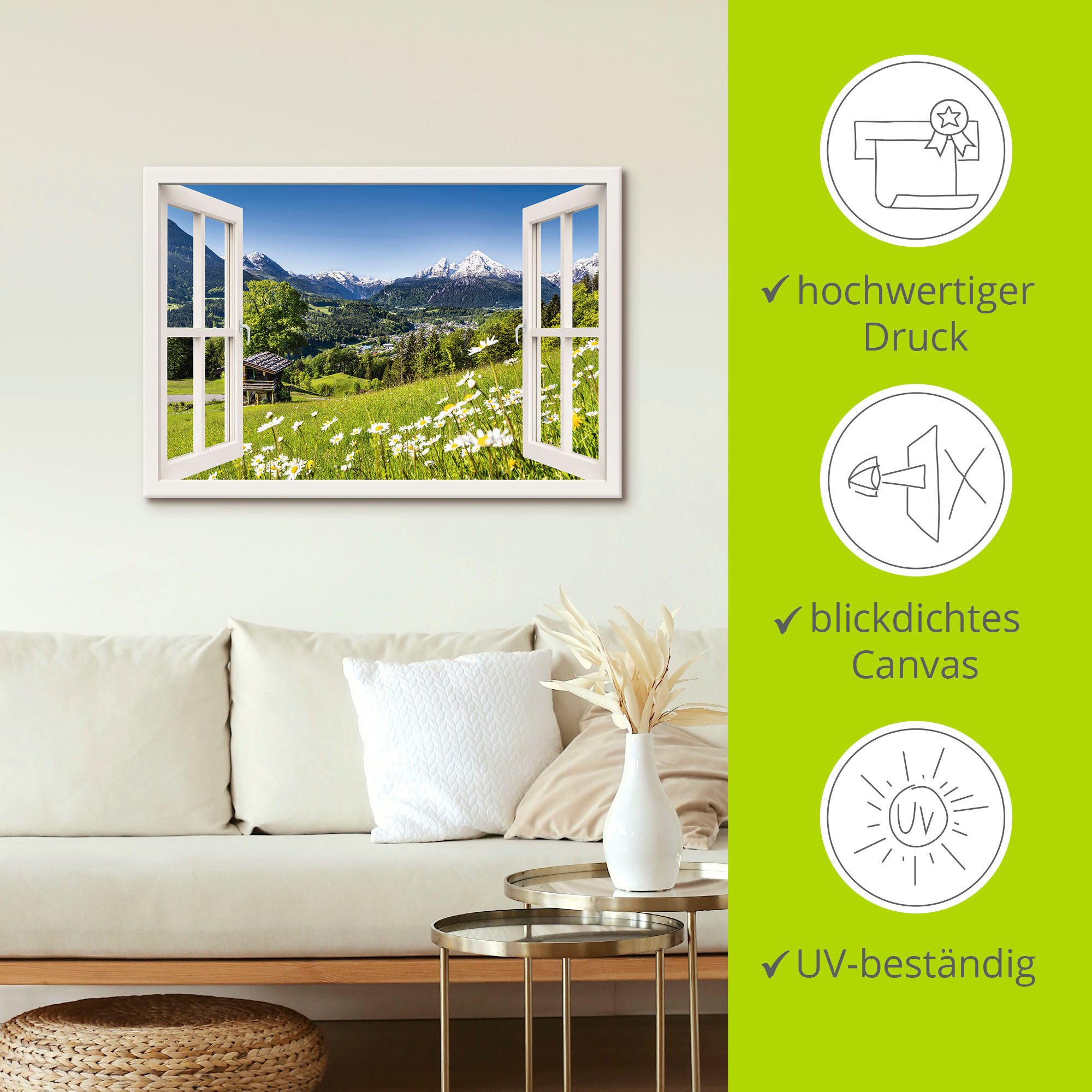 Artland Artprint Blik uit het venster Beierse Alpen als artprint van aluminium, artprint op linnen, muursticker of poster in verschillende maten