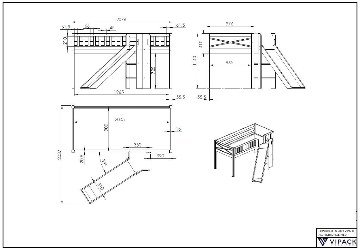 Vipack Hoogslaper Scott m. glijbaan/ladder toren, ligoppervlak 90 x 200 cm, doek, tunnel, 7 designs