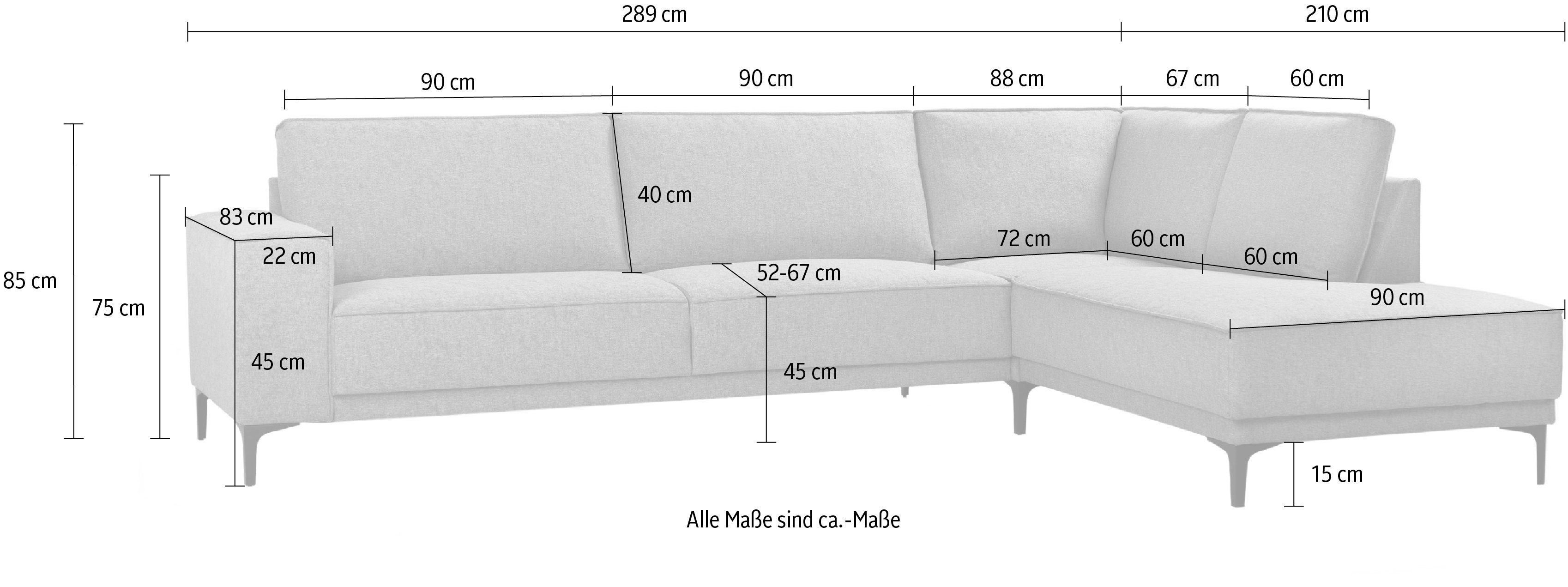Places of Style Hoekbank Oland, structuur, platweefsel, luxe microvezel, bouclé L-vorm, 289 cm, golfondersteuning, Scandinavisch ontwerp, metalen poten
