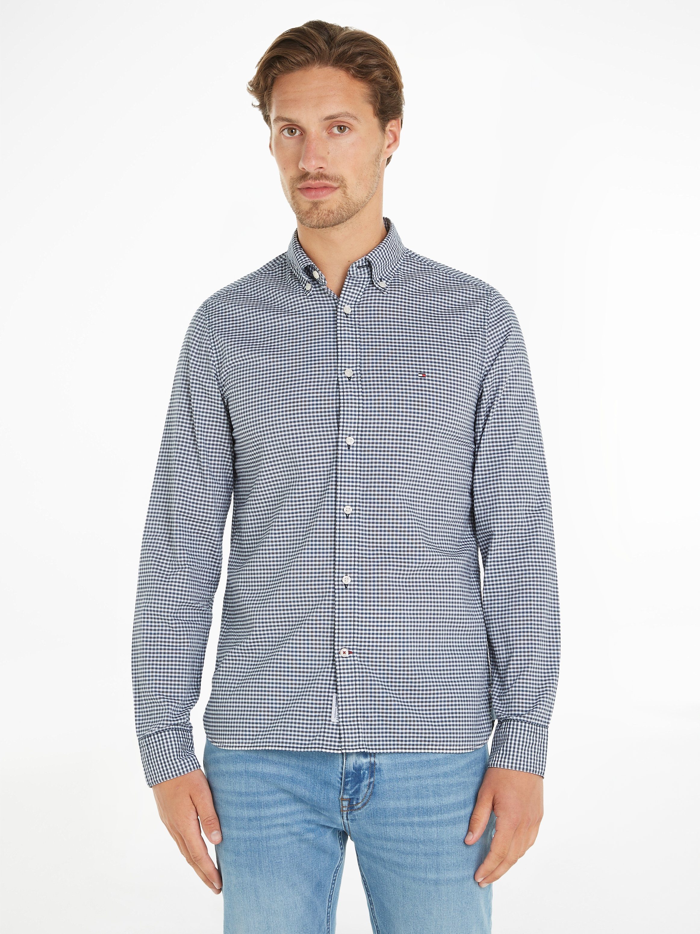 Tommy Hilfiger Geruit overhemd FLEX TEXTURED GINGHAM SF SHIRT heren casual overhemden maat L blauw