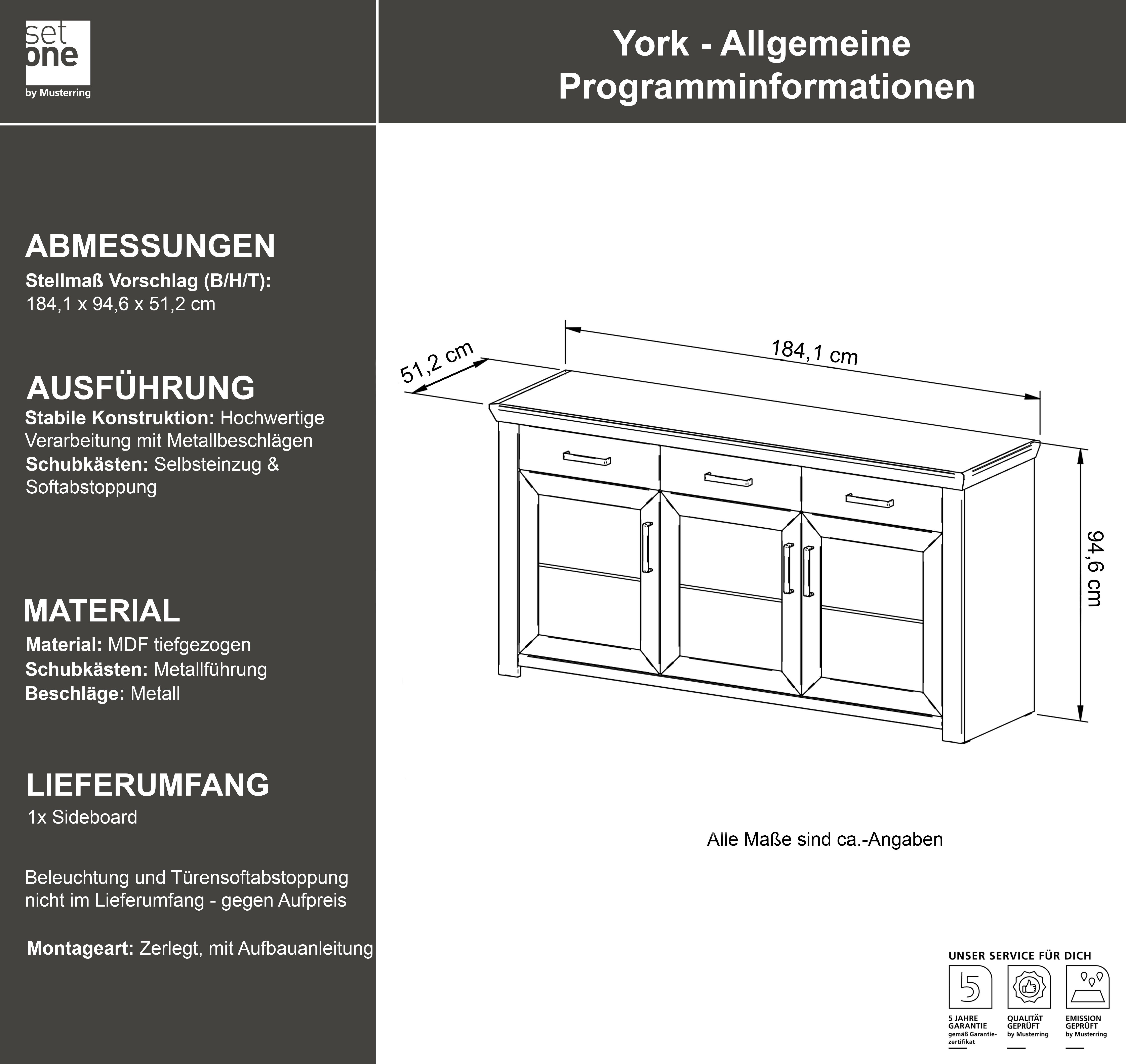 set one by Musterring Dressoir York Type 52, in 3 kleurvarianten, landhuisstijl, B 184 x H 95 cm