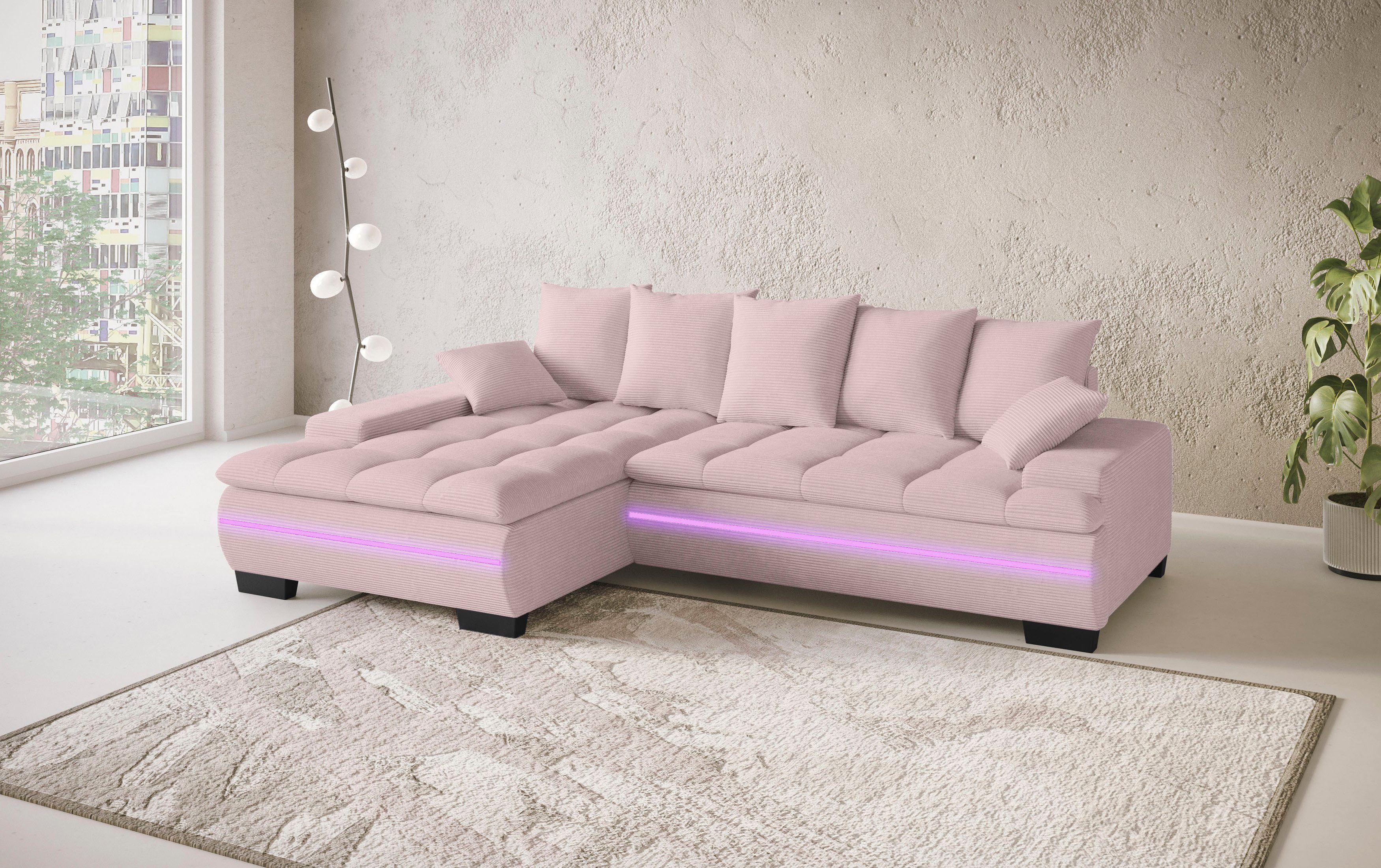 Mr. Couch Hoekbank Haiti II, L-vorm RGB-LED verlichting, optioneel met koudschuim, bed, bedlade