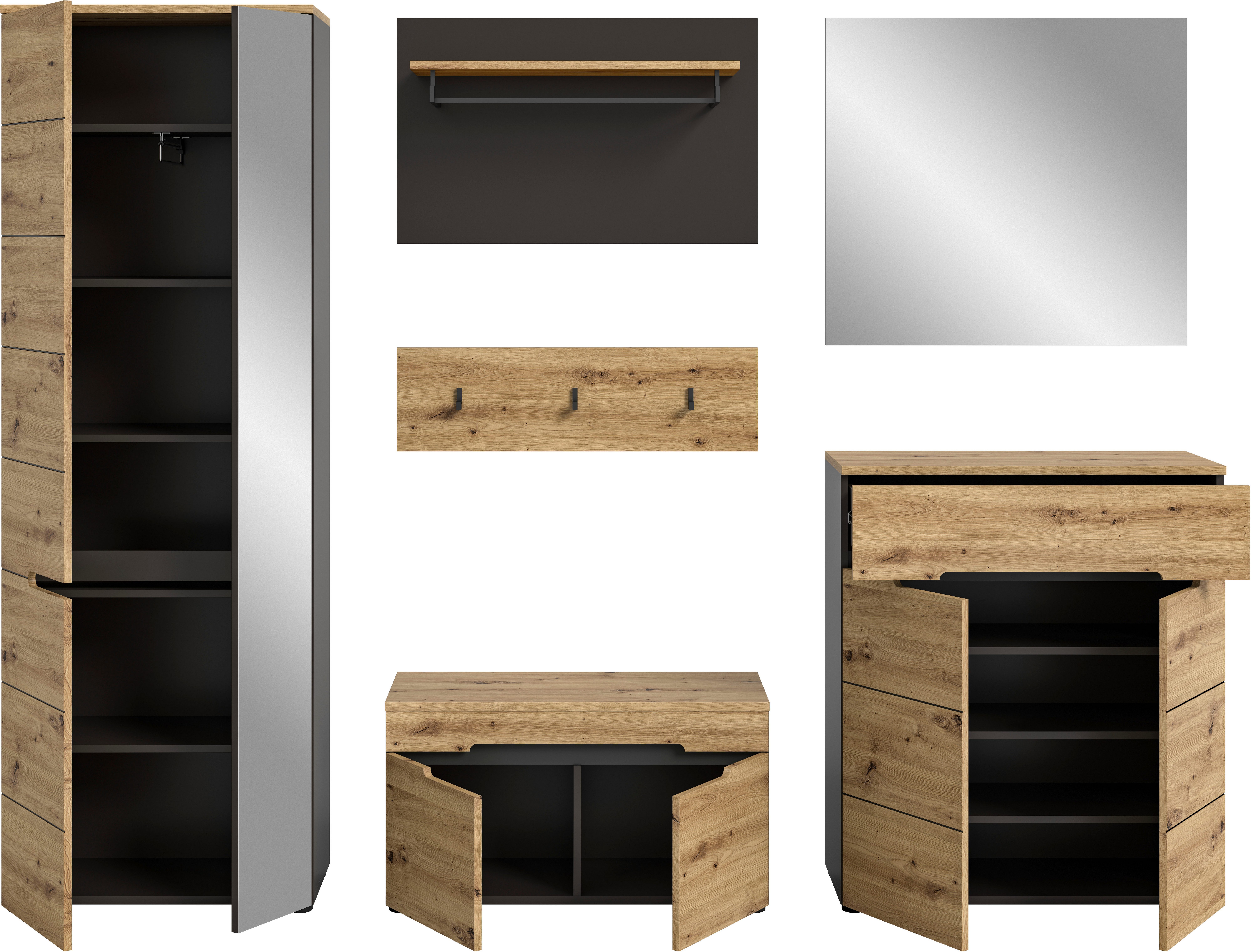 INOSIGN Halmeubelset Garderobecombinatie Rehat, breedte 255cm,in basalt grijs/Artisan eiken Halmeubelen, gangmeubelen, combinatie, hal, garderobe, garderobemeubelen (6 stuks)
